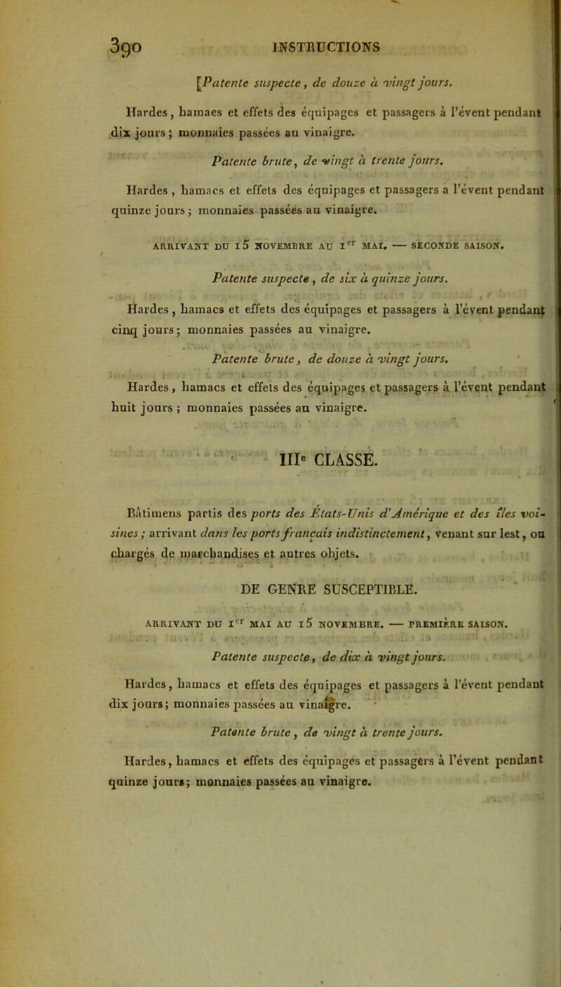 [^PatcnCe suspecte, de douze à 'vingt jours. Hardes, baniaes et effets des équipages et passagers à l’évent pendant dix jours ; monnaies passées au vinaigre. ” Patente brute, de vingt à trente jours. Hardes , hamacs et effets des équipages et passagers a l’évent pendant quinze jours ; monnaies passées au vinaigre. ARRIVANT DU l5 ITOVEMBRE AU l''' MAI, SECONDE SAISON. Patente suspect», de six à quinze jours. Hardes , hamacs et effets des équipages et passagers à l’évent pendant cinq jours; monnaies passées au vinaigre. Patente brute, de douze à 'vingt jours, ‘ Hardes, hamacs et effets des équipages et passagers à l’évent pendant huit jours ; monnaies passées au vinaigre. III« CLASSE. Bûtimens partis des ports des Etats-Unis d’Amérique et des îles voi- sines ; arrivant dans les ports français indistinctement, venant sur lest, ou chargés de luarcliaDdises et autres objets. ■ ~ - U' ' i DE GENRE SUSCEPTIBLE. ARRIVANT DU MAI AU 15 NOVEMBRE. FREAIIÈRB SAISON. ,h Patente suspecte, de dix à vingt jours. Hardes, hamacs et effets des équipages et passagers à l’évent pendant dix jours; monnaies passées au vinal^e. ' Patente brute, de vingt à trente jours. Hardes, hamacs et effets des équipages et passagers à l’évent pendant quinze jours; monnaies passées au vinaigre.