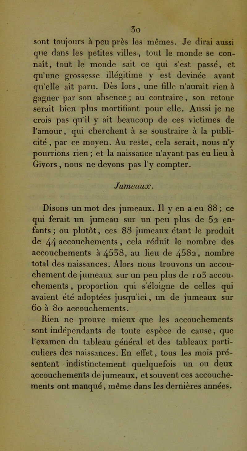 sont toujours à peu près les mêmes. Je dirai aussi que dans les petites villes-, tout le monde se con- naît, tout le monde sait ce qui s’est passé, et qu’une grossesse illégitime y est devinée avant qu’elle ait paru. Dès lors , une fille n’aurait rien à gagner par son absence ; au contraire, son retour serait bien plus mortifiant pour elle. Aussi je ne crois pas qu'il y ait beaucoup de ces victimes de l’amour, qui cherchent à se soustraire à la publi- cité , par ce moyen. Au reste, cela serait, nous n’y pourrions rien j et la naissance n’ayant pas eu lieu à Givors , nous ne devons pas l’y compter. Jumeaux. Disons un mot des jumeaux. 11 y en a eu 88; ce qui ferait un jumeau sur un peu plus de 62 en- fants; ou plutôt, ces 88 jumeaux étant le produit de 44 accouchements, cela réduit le nombre des accouchements à 4538, au lieu de 4582, nombre total des naissances. Alors nous trouvons un accou- chement de jumeaux sur un peu plus de io3 accou- chements , proportion qui s’éloigne de celles qui avaient été adoptées jusqu’ici, un de jumeaux sur 60 à 80 accouchements. Rien ne prouve mieux que les accouchements sont indépendants de toute espèce de cause, que l’examen du tableau général et des tableaux parti- culiers des naissances. En effet, tous les mois pré- sentent indistinctement quelquefois un ou deux accouchements de jumeaux, et souvent ces accouche- ments ont manqué, même dans les dernières années.