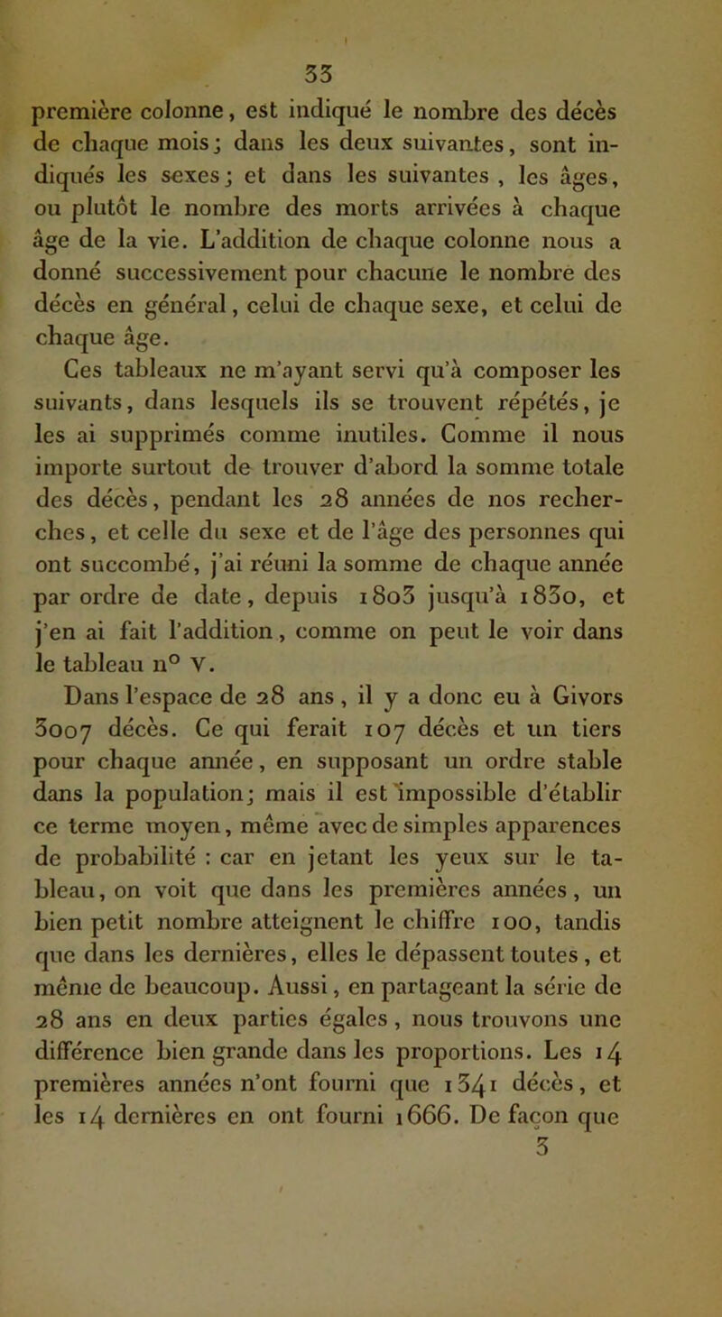 première colonne, est indiqué le nombre des décès de chaque mois; dans les deux suivantes, sont in- diqués les sexes; et dans les suivantes , les âges, ou plutôt le nombre des morts arrivées à chaque âge de la vie. L’addition de chaque colonne nous a donné successivement pour chacune le nombre des décès en général, celui de chaque sexe, et celui de chaque âge. Ces tableaux ne m’ayant servi qu’à composer les suivants, dans lesquels ils se trouvent répétés, je les ai supprimés comme inutiles. Comme il nous importe surtout de trouver d’abord la somme totale des décès, pendant les 28 années de nos recher- ches , et celle du sexe et de l’âge des personnes qui ont succombé, j’ai réuni la somme de chaque année par ordre de date, depuis i8o3 jusqu’à i83o, et j’en ai fait l’addition, comme on peut le voir dans le tableau n° V. Dans l’espace de 28 ans, il y a donc eu à Givors Sooy décès. Ce qui ferait 107 décès et un tiers pour chaque amiée, en supposant un ordre stable dans la population; mais il est'impossible d’établir ce terme moyen, même avec de simples apparences de probabilité : car en jetant les yeux sur le ta- bleau , on voit que dans les premières années, un bien petit nombre atteignent le chiffre 100, tandis que dans les dernières, elles le dépassent toutes, et même de beaucoup. Aussi, en partageant la série de 28 ans en deux parties égales , nous trouvons une différence bien grande dans les proportions. Les j4 premières années n’ont fourni que 1541 décès, et les i4 dernières en ont fourni 1666. De façon que 3