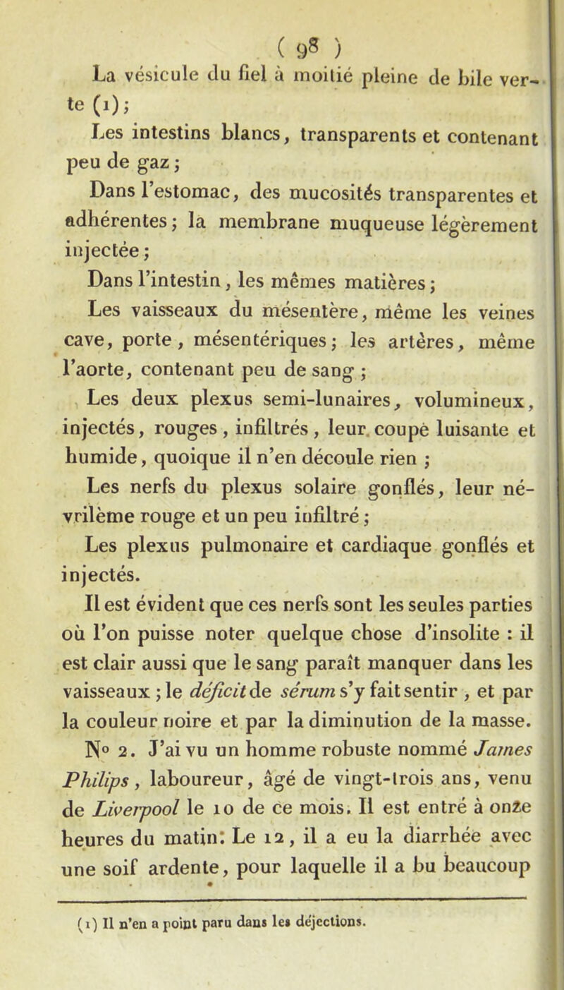 ( 9^ ) La vésicule du fiel à moitié pleine de bile ver- te (i); Les intestins blancs, transparents et contenant peu de gaz ; Dans l’estomac, des mucosités transparentes et adhérentes; la membrane muqueuse légèrement injectée; Dans l’intestin, les mêmes matières ; Les vaisseaux du mésentère, même les veines cave, porte, mésentériques; les artères, même l’aorte, contenant peu de sang ; Les deux plexus semi-lunaires^ volumineux, injectés, rouges, infiltrés, leur.coupé luisante et humide, quoique il n’en découle rien ; Les nerfs du plexus solaire gonflés, leur né- vrilème rouge et un peu infiltré ; Les plexus pulmonaire et cardiaque gonflés et injectés. Il est évident que ces nerfs sont les seules parties où l’on puisse noter quelque chose d’insolite : il est clair aussi que le sang paraît manquer dans les vaisseaux; le déficit s’y fait sentir , et par la couleur noire et par la diminution de la masse. N° 2. J’ai vu un homme robuste nommé James Philips, laboureur, âgé de vingt-trois ans, venu de Liverpool le lo de ce mois. Il est entré à onie heures du matin: Le 12, il a eu la diarrhée avec une soif ardente, pour laquelle il a bu beaucoup (1) Il n’en a poiol paru dans les déjections.