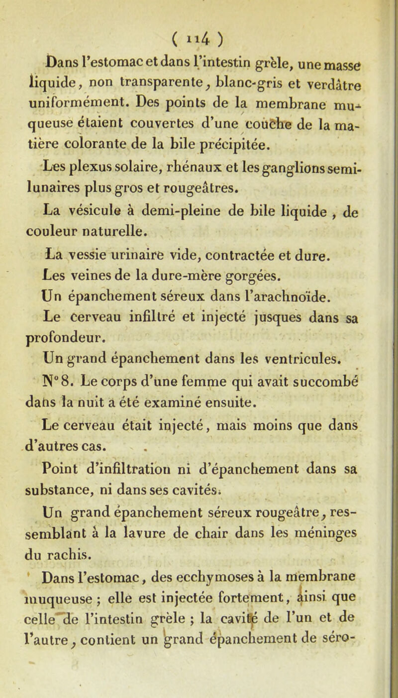 ( ) Dans l’estomac et dans l’intestin grêle, une masse liquide, non transparente^ blanc-gris et verdâtre uniformément. Des points de la membrane mu-^ queuse étaient couvertes d’une couCbe de la ma- tière colorante de la bile précipitée. 'Les plexus solaire, rhénaux et les ganglions semi- lunaires plus gros et rougeâtres. La vésicule à demi-pleine de bile liquide , de couleur naturelle. La vessie urinaire vide, contractée et dure. Les veines de la dure-mère gorgées. Un épanchement séreux dans l’arachnoïde. Le Cerveau infiltré et injecté jusques dans sa profondeur. Un grand épanchement dans les ventricules. N“8. Le corps d’iine femme qui avait succombé datis la nuit â été examiné ensuite. Le cerveau était injecté, mais moins que dans d’autres cas. Point d’infiltration ni d’épanchement dans sa substance, ni dans ses cavités; Un grand épanchement séreux rougeâtre^ res- semblant â la lavure de chair dans les méninges du rachis. ’ Dans l’estomac, des ecchymoses à la membrane muqueuse ; elle est injectée fortement, Âinsi que celle de l’intestin grêle ; la caviÉJé de l’un et de l’autre^ contient un 'grand épanchement de séro-