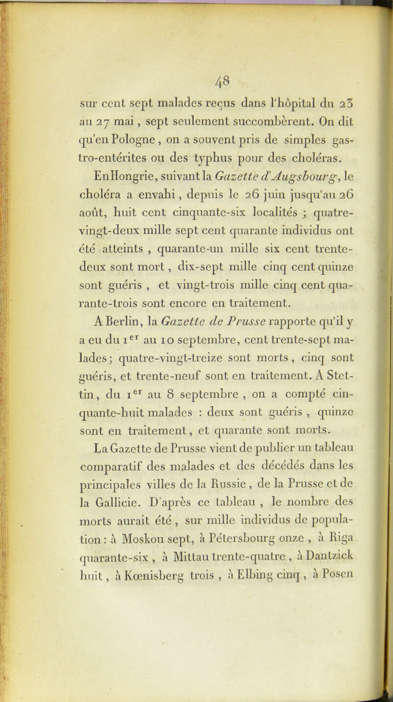 sur ccnt sept malades reçus dans l’hôpital du 23 au 27 mai, sept seulement succombèrent. On dit qu’en Pologne , on a souvent pris de simples gas- tro-entérites ou des typhus pour des choléras. EnHongrie, suivant la Gazette cl'Augsbourg, le choléra a envahi, depuis le 26 juin jusqu’au 26 août, huit cent cinquante-six localités ; quatre- vingt-deux mille sept cent quarante individus ont été atteints , quarante-un mille six cent trente- deux sont mort, dix-sept mille cinq cent quinze sont guéris , et vingt-trois mille cinq cent qua- rante-trois sont encore en traitement. A Berlin, la Gazette cle Prusse rapporte qu’il y a eu du ier au 10 septembre, cent trente-sept ma- lades; quatre-vingt-treize sont morts, cinq sont guéris, et trente-neuf sont en traitement. A Stct- tin, du ier au 8 septembre , on a compté cin- quante-huit malades : deux sont guéris , quinzo sont en traitement, et quarante sont morts. La Gazette de Prusse vient de publier un tableau comparatif des malades et des décédés dans les principales villes de la Russie , de la Prusse et de la Gallicie. D’après ce tableau , le nombre des morts aurait été , sur mille individus de popula- tion : à Moshou sept, à Pétersbourg onze , à Riga quarante-six, à Mittau trente-quatre , à Danlzick huit, à Koenisberg trois, à Elbing cinq , à Posen