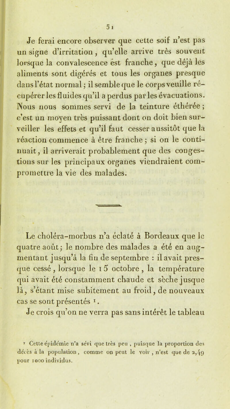 5 i Je ferai encore observer que cette soif n’est pas un signe d’irritation, qu’elle arrive très souvent lorsque la convalescence est franche, que déjà les aliments sont digérés et tous les organes presque dans l’état normal; il semble que le corps veuille ré- cupérer les fluides qu’il a perdus parles évacuations. Nous nous sommes servi de la teinture éthérée ; c’est un moyen très puissant dont on doit bien sur- veiller les effets et qu’il faut cesser aussitôt que la réaction commence à être franche ; si on le conti- nuait, il arriverait probablement que des conges- tions sur les principaux organes viendraient com- promettre la vie des malades. Le choléra-morbus n’a éclaté à Bordeaux que le quatre août; le nombre des malades a été en aug- mentant jusqu’à la fin de septembre : il avait pres- que cessé , lorsque le i 5 octobre , la température qui avait été constamment chaude et sèche jusque là, s’étant mise subitement au froid, de nouveaux cas se sont présentés 1. Je crois qu’on ne verra pas sans intérêt le tableau r Celle e'pide'mie n’a sévi que très peu , puisque la proportion des de'ccs à la population, comme on peut le voir , n’est que de 2/49 pour 1000 individus.