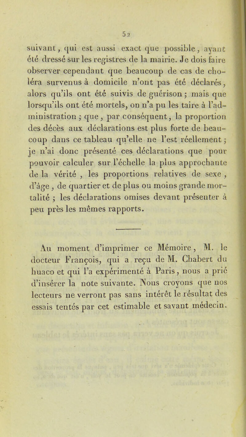 5?. suivant, qui est aussi exact que possible, ayant été dressé sur les registres de la mairie. Je dois faire observer cependant que beaucoup de cas de cho- léra survenus à domicile n’ont pas été déclarés, alors qu’ils ont été suivis de guérison ; mais que lorsqu’ils ont été mortels, on n’a pu les taire à l’ad- ministration ; que, par conséquent, la proportion des décès aux déclarations est plus forte de beau- coup dans ce tableau qu’elle ne l’est réellement ; je n’ai donc présenté ces déclarations que pour pouvoir calculer sur l’échelle la plus approchante de la vérité , les proportions relatives de sexe , d’àge , de quartier et de plus ou moins grande mor- talité ; les déclarations omises devant présenter à peu près les mêmes rapports. Au moment d’imprimer ce Mémoire, M. le docteur François, qui a reçu de M. Chabert du huaco et qui Ta expérimenté à Paris, nous a prié d’insérer la note suivante. Nous croyons que nos lecteurs ne verront pas sans intérêt le résultat des essais tentés par cet estimable et savant médecin.