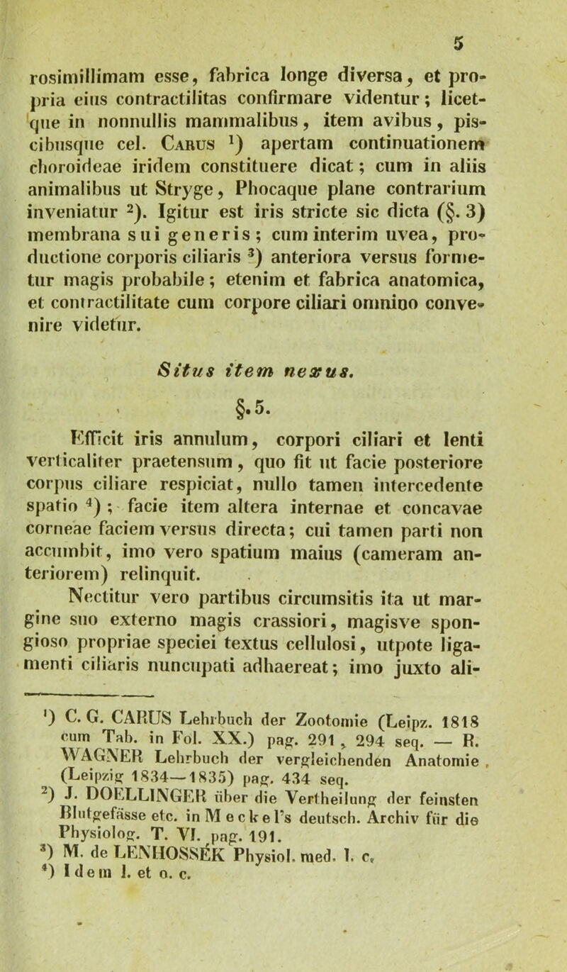 rosiniillimam esse, fabrica longe diversa, et pro- pria eius contractilitas confirmare videntur; licet- 'qiie in nonnullis mammalibus , item avibus , pis- ci bnsque cel. Carus apertam continuationem choroideae iridem constituere dicat; cum in aliis animalibus ut Stryge, Pbocaque plane contrarium inveniatur Igitur est iris stricte sic dicta (§. 3) membrana sui generis; cuminterim uvea, pro- ductione corporis ciliaris anteriora versus forme- tur magis probabile; etenim et fabrica anatomica, et coinractilitate cum corpore ciliari omnino conve- nire videtur. Situs item nexus. Kfficit iris annulum, corpori ciliari et lenti verlicaliter praetensnm, quo fit ut facie posteriore corpus ciliare respiciat, nullo tamen intercedente spatio ; facie item altera internae et concavae corneae faciem versus directa; cui tamen parti non accinnhit, imo vero spatium maius (cameram an- teriorem) relinquit. Nectitur vero partibus circumsitis ita ut mar- gine suo externo magis crassiori, magisve spon- gioso propriae speciei textus cellulosi, utpote liga- menti ciliaris nuncupati adhaereat; imo juxto ali- ') C. G. CAPiUS Lehrbuch der Zootoniie (Leipz. 1818 cum Tab. in Fol. XX.) pag. 291 ^ 294 seq. — R. WAGNER Lehrbuch der vergleichenden Anatomie , (Leipzig 1834—1835) pag. 434 seq. ^) J. DOELLINGER iiber die Vertheilung der feiusten Rlutgefasse etc. in M eckePs deutsch. Archiv fiir die Physiolog. T. VI. pag. 191. *) M. de LENHOSS^K Physiol. med. 1. c, *) I d e in 1. et o. c.