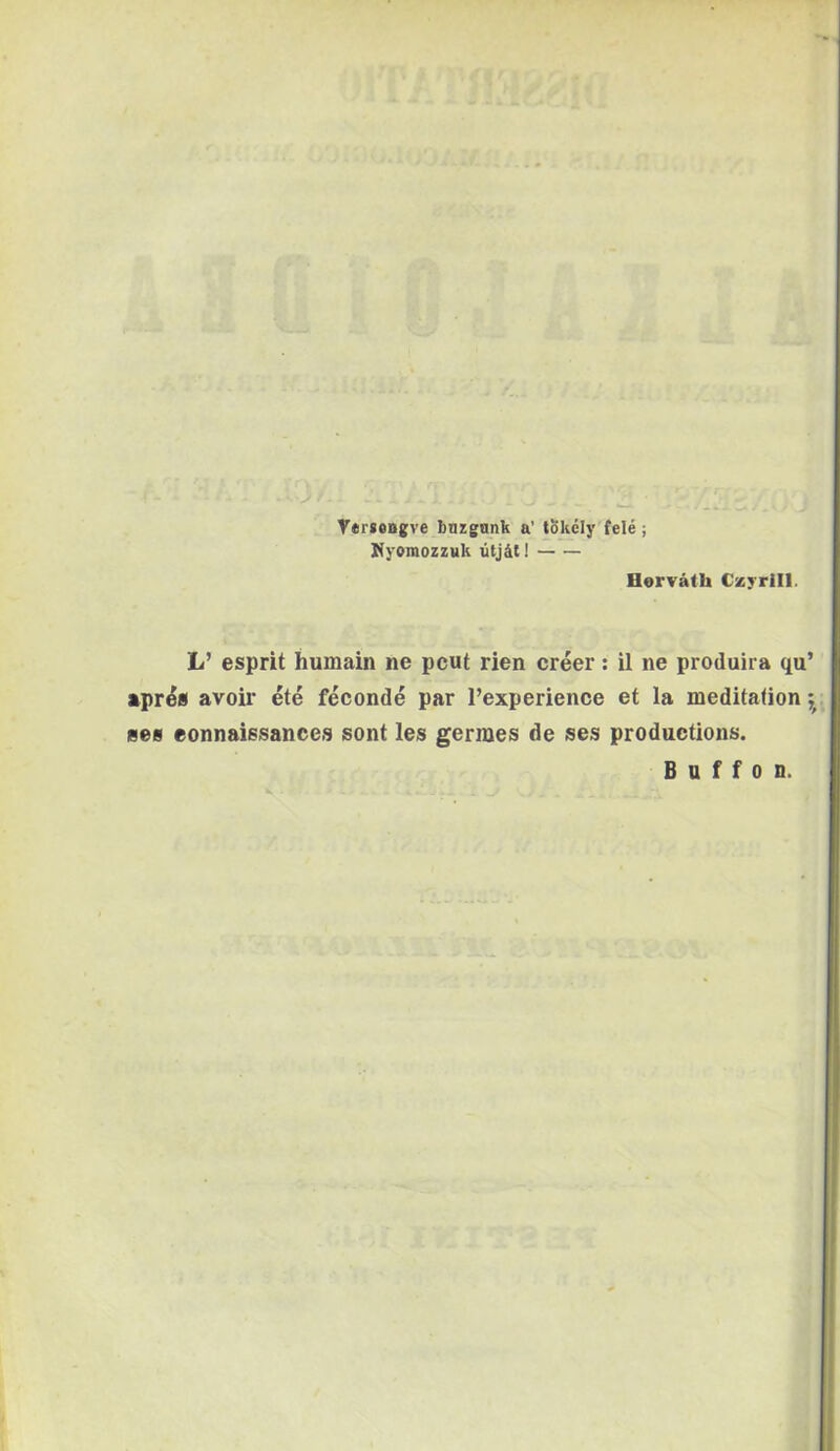 Vcrseogve bnzgank a' tokcly fele ; Kyomozzuk litjSt! Hervafh Czyrill. L’ esprit humain ne pcut rien creer: il ne produira qu’ apr^s avoir ete feconde par Texperience et la meditation j, 860 eonnaissance.^ sont les gerraes de ses productions. B u f f 0 D.