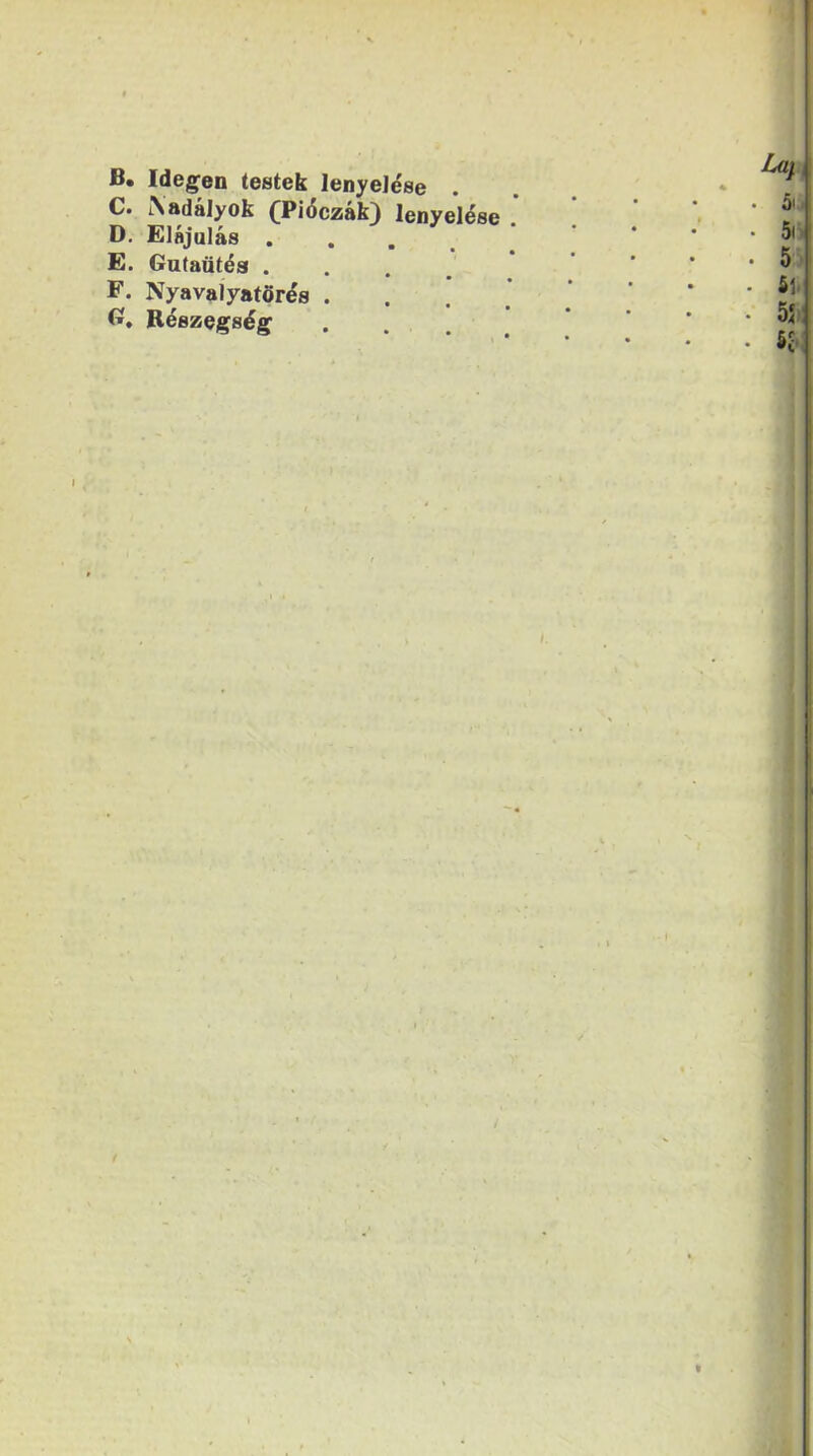 B. Idegen testek lenyelése . C. tXadályok (Pióczák) lenyelése D. Elájulás .... E. Gutaütés .... F. Nyavalyatörés . G. Részegség