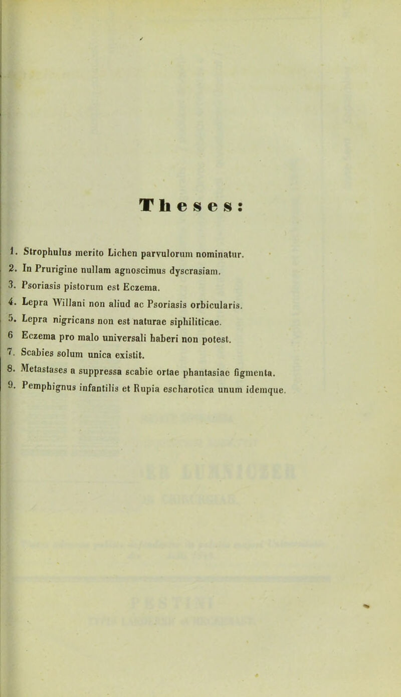T li e s e s : 1. Strophulus merítő Lichcn parvulorum nominatur. 2. In Prurigine nullám agnoscimus dyscrasiam. 3. Psoriasis pistorum est Eczema. 4. Lepra Willani non aliud ac Psoriasis orbicularis. 5. Lepra nigricans non est naturae siphiliticae. 6 Eczema pro malo universali haberi non potest. 7. Scabies solum unica existit. 8. Metastases a suppressa 6cabie ortae phantasiae figmenta. 9. Pemphignus infantilis et Rúpia escharotica unum idemque.