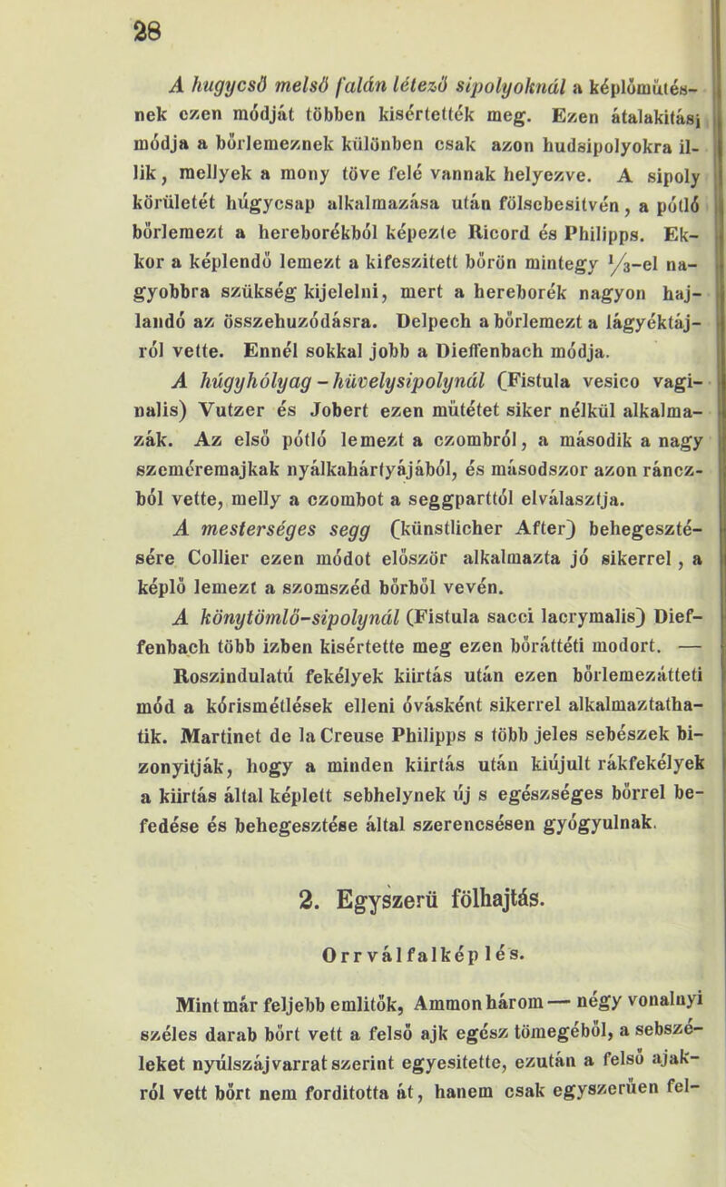 A hugycsö melsö falán létező sipolyoknál a képlomütés- nek ezen módját többen kiscrteítók meg. Ezen átalakítási módja a borlemeznek különben csak azon hudsipolyokra il- lik , raellyek a mony töve felé vannak helyezve. A sipoly körületét húgycsap alkalmazása után fölsebesitvén, a pótló bőrlemezt a hereborókból képezte Ricord és Philipps. Ek- kor a képlendü lemezt a kifeszitett bőrön mintegy ‘/a-el na- gyobbra szükség kijelelni, mert a hereborék nagyon haj- landó az összehúzódásra. Delpech abőrlemezta lágyéktáj- ról vette. Ennél sokkal jobb a Dieffenbach módja. A húgyhólyag - hüvelysipolynál (Fistula vesico vagi- nalis) Vutzer és Jobert ezen műtétet siker nélkül alkalma- zák. Az első pótló lemezt a czombról, a második a nagy szeméreraajkak nyálkahártyájából, és másodszor azon ráncz- ból vette, melly a czombot a seggparttól elválasztja. A mesterséges segg (künstlicher After) behegeszté- sére Collier ezen módot először alkalmazta jó sikerrel , a képlő lemezt a szomszéd bőrből vevén. A könytömlö-sipolynál (Fistula sacci lacrymalis) Dief- fenbach több Ízben kísértette meg ezen bőráttéti modort. — Roszindulatű fekélyek kiirtás után ezen bőrlemezátteti mód a kórismétlések elleni óvásként sikerrel alkalmaztatha- tik. Martinét de la Creuse Philipps s több jeles sebészek bi- zonyítják, hogy a minden kiirtás után kiújult rákfekélyek a kiirtás által képlett sebhelynek új s egészséges bőrrel be- fedése és behegesztése által szerencsésen gyógyulnak. 2. Egyszerű fölhajtás. Orr vál falkép lés. Mint már feljebb említők, Ammon három— négy vonalnyi széles darab bőrt vett a felső ajk egész tömegéből, a sebsze- leket nyúlszáj varrat szerint egyesítette, ezután a felső ajak- ról vett bőrt nem fordította át, hanem csak egyszerűen fel-