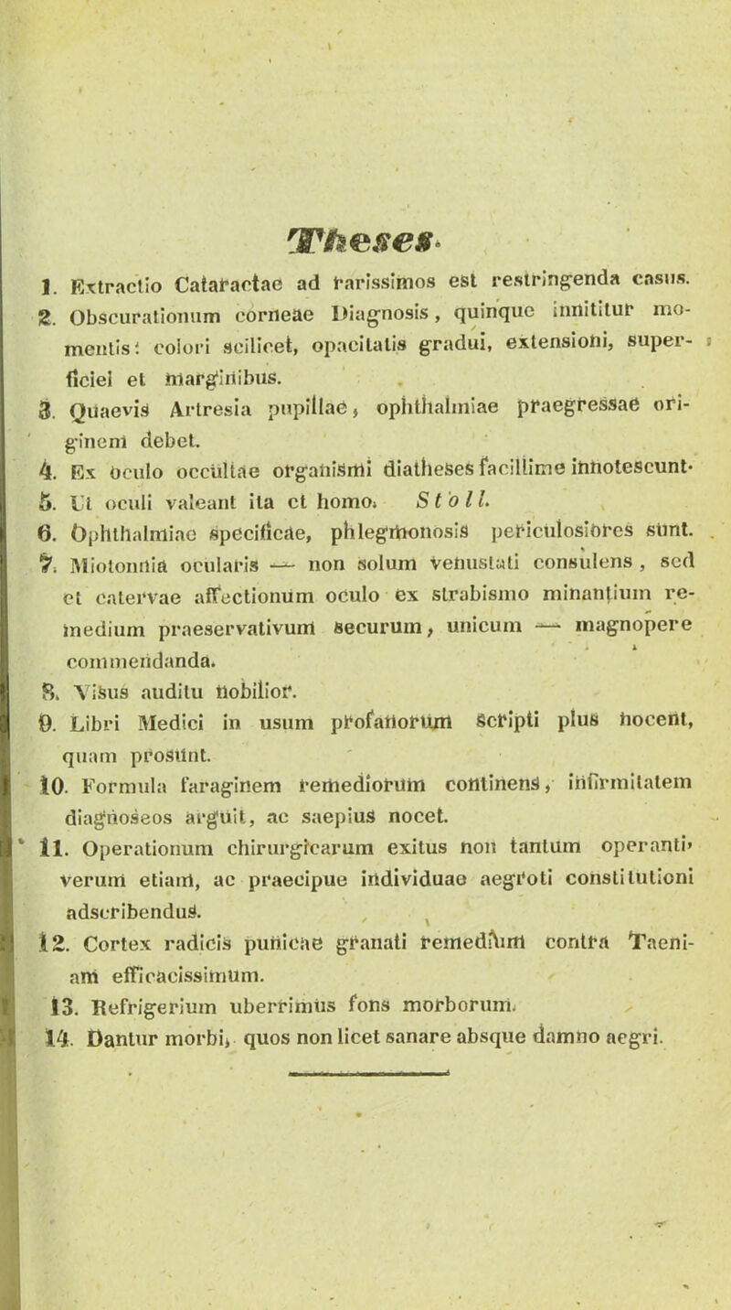 'Theses^ 1. Extractio Catafactae ad Carissimos esi restringenda casus. 2. Obscurationum corneae Diag^nosis, quinque innititur mo- mentis i colori scilicet, opacitatis gradui, exlensiotii, supei- ficiel et niarg‘Inibus. 3. Quaevis Artresia pupillad, ophthaliniae praegressae ori- I ' g-ineni debet. 4. Ex Oculo occultae organismi diatheses facillime innotescunt- I 6. Ut oculi valeant ita ct homo» Stoll. N 6. Ophthalmiae spcciticae, phlegriionosis periculosiores siinl. 1 IMiotonilia ocularis --- non Solum venustati consulens , sed et catervae afTectlonum oculo ex strabismo minantium re- I medium praeservativum securum, unicum — magnopere ' I ’ * * j commendanda. I 8. \iSus auditu nobilior. o| 9. Libri Medici in usum profanonurt Scripti plus hocent, quam proSUnt. f lO. Formula faraginem remediorum continens, infirmitatem diagiioseos arguit, ae saepiuS nocet. [|* ll. Operationum chirurgicarum exitus non tantum operanti» verum etiam, ac praecipue individuae aegroti constitutioni adseribenduS. , ^ I t2. Cortex radicis punicae granati remed.^lm contra Taeni- am efficacissimum. 13. Refrigerium uberrimus fons morborum. 14. Dantur morbi* quos non licet sanare absque damno aegri.