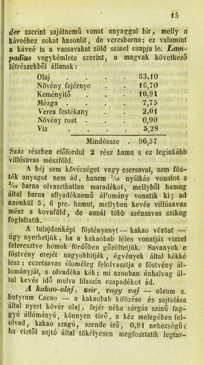 i űer szerint sajátnemű vonat anyaggal bir, melly a 1 kávééhoz sokat hasonlít, de veresbarna; ez valamint í a kávéé is a vassavakat zöld színei csapja le. JLam- ,v padius vegykémlete szerint, a magvak következő í! létrészekből állanak: Száz részben előfordul 2 rész hamu s ez leginkáhb villósavas mészföld. A héj sem kövérséget vagy csersavat, sem fös- ték anyagot nem ád, hanem Vis nyálkás vonatot s Víg barna olvaszthatlan maradékot, mellyből hamag által barna allyadéknemű ál’omány vonatik ki; ad azonkül 5, 6 prc. hamut, mellyben kevés villósavas mész s kovaföld, de annál több szénsavas szikeg foglaltatik. A tulajdonképi föslényanyt—kakaó vöröst — úgy nyerhetjük, ha a kakaobab léles vonalját vízzel feleresztve homok fördőben gőzölteljük. Savanyok e föstvény erejét nagyobbitják, égvények által kékké lesz ; cezetsavas óloméleg felolvasztja e föstvény ál- lományját, s^olvadéka kék; mi azonban ónhalvag ál- tal kevés idő múlva lilaszín csapadékot ád. A kakaó-olajy zsir^ vagy vaj — oleum s. butyrum Cacao — a kakaobab kifözése és sajtolása által nyert kövér olaj, fejér néha sárgás színű fag- gyú állómányú, könnyen törő, a kéz melegében fel- olvad, Jiakao szagú, szende ízű, 0,91 nehézségű; ha víztől sajtó által tökély csen megfosztatik legtar- Olaj Növény fejérnyc Keményitö Mézga . Veres festékany Növény rost . Víz 53,10 16,70 10,91 7,75 2,01 0,90 5,28 Mindössze . 96,57