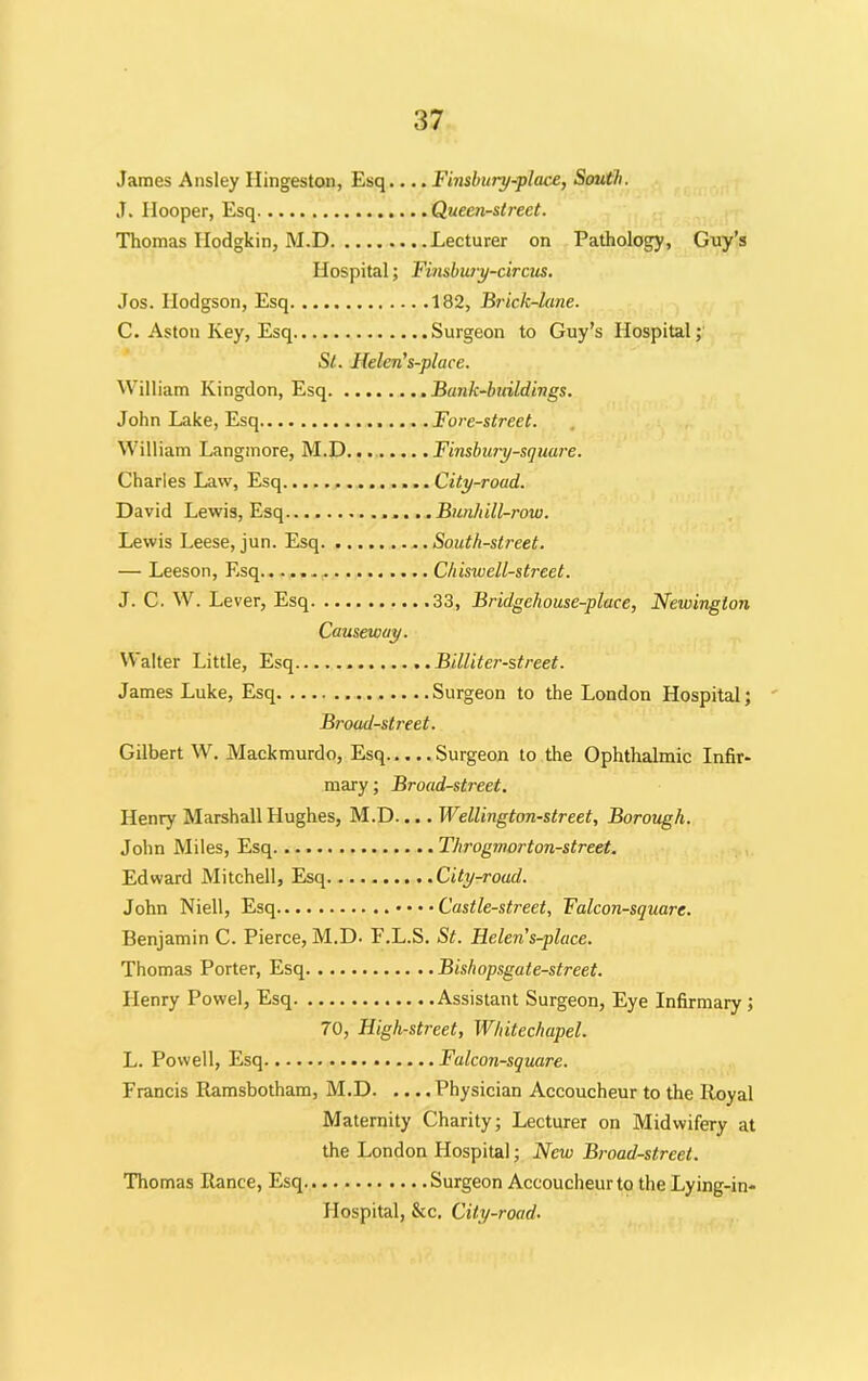 James Ansley Ilingeston, Esq.... Finsbury-place, South. J. Ilooper, Esq Queen-street. Thomas Hodgkin, M.D Lecturer on Pathology, Guy’s Hospital; Finsbury-circus. Jos. Hodgson, Esq 182, Brick-lane. C. Aston Key, Esq Surgeon to Guy’s Hospital; St. Helen's-place. William Kingdon, Esq Bunk-buildings. John Lake, Esq Fore-street. William Langmore, M.D Finsbury-square. Charles Law, Esq City-road. David Lewis, Esq Bunhill-row. Lewis Leese, jun. Esq South-street. — Leeson, Esq. Chiswell-street. J. C. W. Lever, Esq 33, Bridgehouse-place, Newington Causeway. Walter Little, Esq Billiter-street. James Luke, Esq Surgeon to the London Hospital; Broad-street. Gilbert W. Mackmurdo, Esq Surgeon to the Ophthalmic Infir- mary ; Broad-street. Henry Marshall Hughes, M.D.... Wellington-street, Borough. John Miles, Esq. Throgmorton-street. Edward Mitchell, Esq City-road. John Niell, Esq ••• -Castle-street, Falcon-square. Benjamin C. Pierce, M.D. F.L.S. St. Helen s-place. Thomas Porter, Esq Bishopsgate-street. Henry Powel, Esq Assistant Surgeon, Eye Infirmary ; 70, High-street, Whitechapel. L. Powell, Esq Falcon-square. Francis Ramsbotham, M.D Physician Accoucheur to the Royal Maternity Charity; Lecturer on Midwifery at the London Hospital; New Broad-street. Surgeon Accoucheur to the Lying-in- Hospital, &c. City-road. Thomas Ranee, Esq.