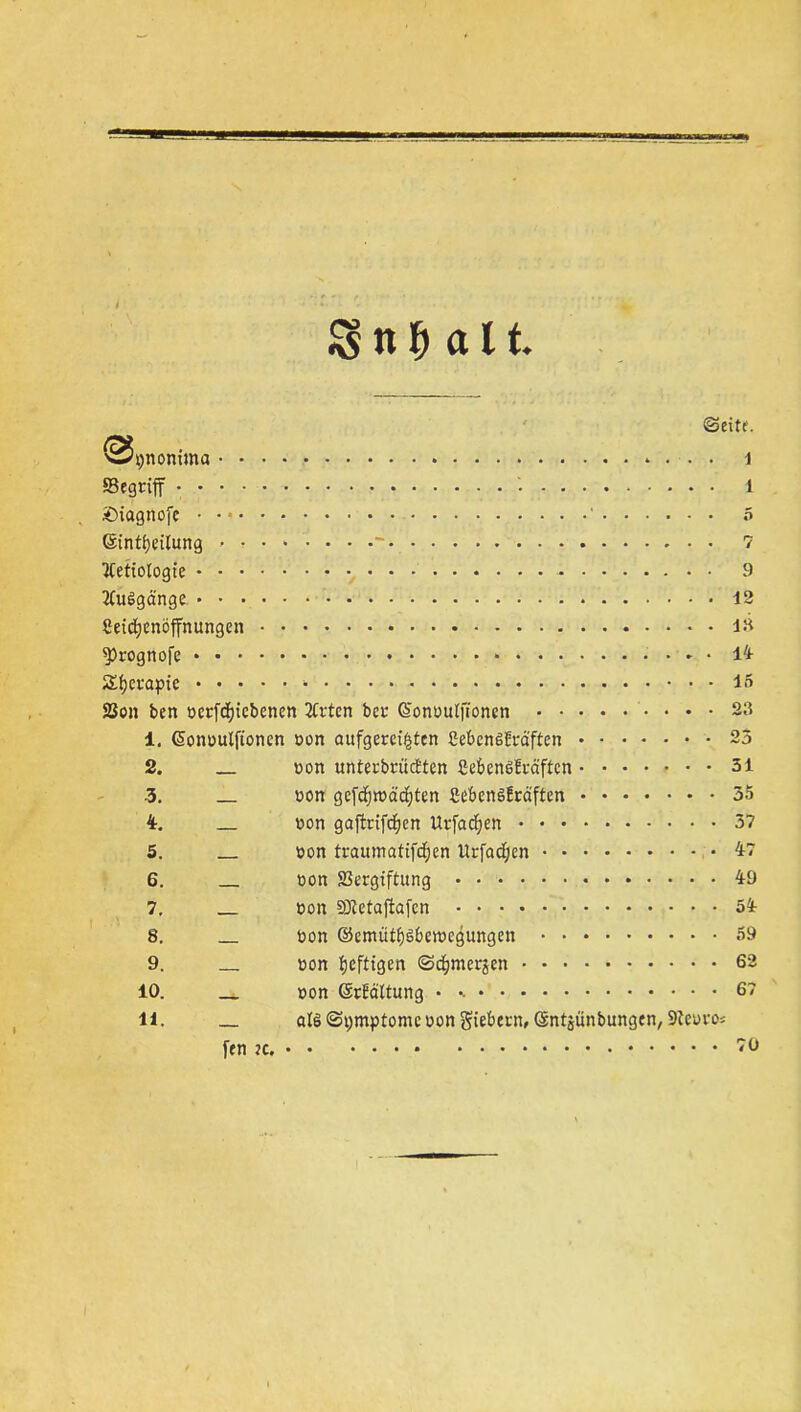 £s n f) a 11 ©eite. @i)nonima i Segriff l £>iagnofc ' 5 @intf)eitung - * - 7 Ttetiologie 9 Büßgänge 12 Seidjenöffnungen IS 5>rognofe 14 JEfjerapic 15 Von ben ocrfdjicbenen 2Crten ber (Sonoutfionen 23 1. (Sonoulfioncn oon aufgeregten SebenSEräften 25 2. _ oon unterbrächen SebensEräften 31 3. oon gefd)toäöE)ten eebcnSEräftcn 35 4. oon gaftrifrfjen Urfadjen 37 5. _ oon traumatifdjen Urfad;en 47 6. oon Vergiftung 49 7. oon SDMajtafcn 54 8. _ oon ©emütfjöbetoegungen 59 9. oon heftigen ©djraer^cn 62 10. _i. oon ©rEä'ttung • 67 11. _ Symptome oon fiebern, (Sntjünbungen, Veuro* ftn ?c. ?ü