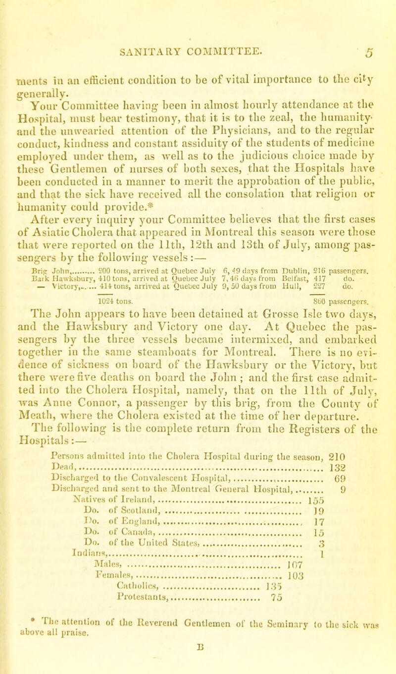 raents ia an efficient condition to be of vital importance to the city generally. Your Committee having been in almost hourly attendance at the Hospital, must bear testimony, that it is to the zeal, the humanity- and the unwearied attention of the Physicians, and to the regular- conduct, kindness and constant assiduity of the students of medicine employed under them, as well as to the judicious choice made by these Gentlemen of nurses of both sexes, that the Hospitals have been conducted in a manner to merit the approbation of the public, and that the sick have received all the consolation that religion or humanity could provide.* After every inquiry your Committee believes that the first cases of Asiatic Cholera that appeared in Montreal this season were those that were reported on the 11th, 12th and 13th of July, among pas- sengers by the following vessels :— Brig John, 200 tons, arrived at Quebec July 0, 49 days from Dublin, 216 passengers. Bark Hawksbury, 410 tons, arrived at Quebec July 7,46 days from Belfast, 417 do. — Victory,..-... 414 tons, arrived at Quebec July 9, 50 days from Hull, 227 do. 1024 tons. 860 passengers. The John appears to have been detained at Grosse Isle two days, and the Hawksbury and Victory one day. At Quebec the pas- sengers by the three vessels became intermixed, and embarked together in the same steamboats for Montreal. There is no evi- dence of sickness on board of the Hawksbury or the Victory, but there were five deaths on board the John ; and the first case admit- ted into the Cholera Hospital, namely, that on the 11th of July, was Anne Connor, a passenger by this brig, from the County of Meath, where the Cholera existed at the time of her departure. The following is the complete return from the Registers of the Hospitals:— Persons admitted into the Cholera Hospital during the season, 210 Dead, 132 Discharged to the Convalescent Hospital, 69 Discharged and sent to the Montreal General Hospital, 9 Natives of Ireland, 155 Do. of Scotland, 19 Do. of England, 17 Do. of Canada, 15 Do. of the United States, 3 Indians, 1 Males, J07 Females, 103 Catholics, 135 Protestants, 75 * The attention of the Reverend Gentlemen of the Seminary to the sick was aboye all praise. B