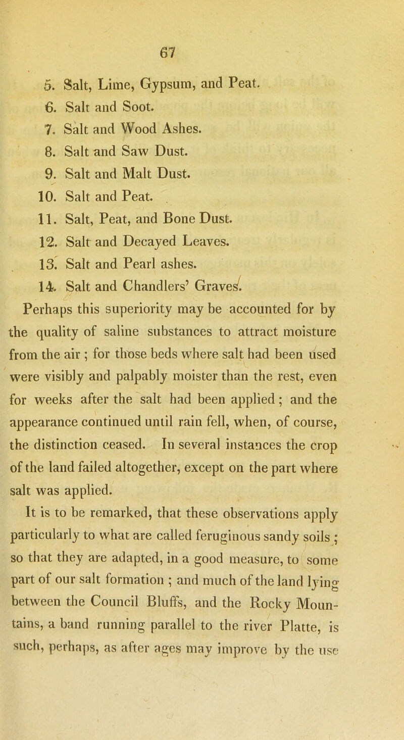 5. Salt, Lime, Gypsum, and Peat. 6. Salt and Soot. 7. Salt and Wood Ashes. 8. Salt and Saw Dust. 9. Salt and Malt Dust. 10. Salt and Peat. 11. Salt, Peat, and Bone Dust. 12. Salt and Decayed Leaves. 13. Salt and Pearl ashes. 14. Salt and Chandlers’ Gravest Perhaps this superiority may be accounted for by the quality of saline substances to attract moisture from the air ; for tlmse beds where salt had been used were visibly and palpably moister than the rest, even for weeks after the salt had been applied; and the appearance continued until rain fell, when, of course, the distinction ceased. In several instances the crop of the land failed altogether, except on the part where salt was applied. It is to be remarked, that these observations apply particularly to what are called feruginous sandy soils ; so that they are adapted, in a good measure, to some part of our salt formation ; and much of the land lyino- between the Council Bluffs, and the Rocky Moun- tains, a band running parallel to the river Platte, is such, perhaps, as after ages may improve by the use