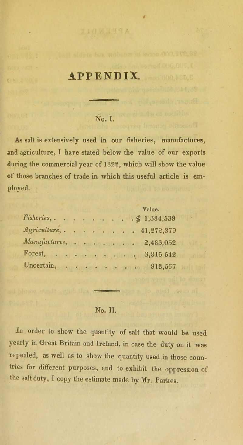 APPENDIX. No. I. As salt is extensively used in our fisheries, manufactures, and agriculture, I have stated below the value of our exports during the commercial year of 1822, which will show the value of those branches of trade in which this useful article is em- ployed. Fisheries, . . Agriculture, . Manufactures, Forest, . . Uncertain, Value. 1,384,539 41,272,379 2,483,052 3,815 642 918,567 No. II. In order to show the quantity of salt that would be used yearly in Great Britain and Ireland, in case the duty on it was repealed, as well as to show the quantity used in those coun- tries for different purposes, and to exhibit the oppression of the salt duty, I copy the estimate made by Mr. Parkes.