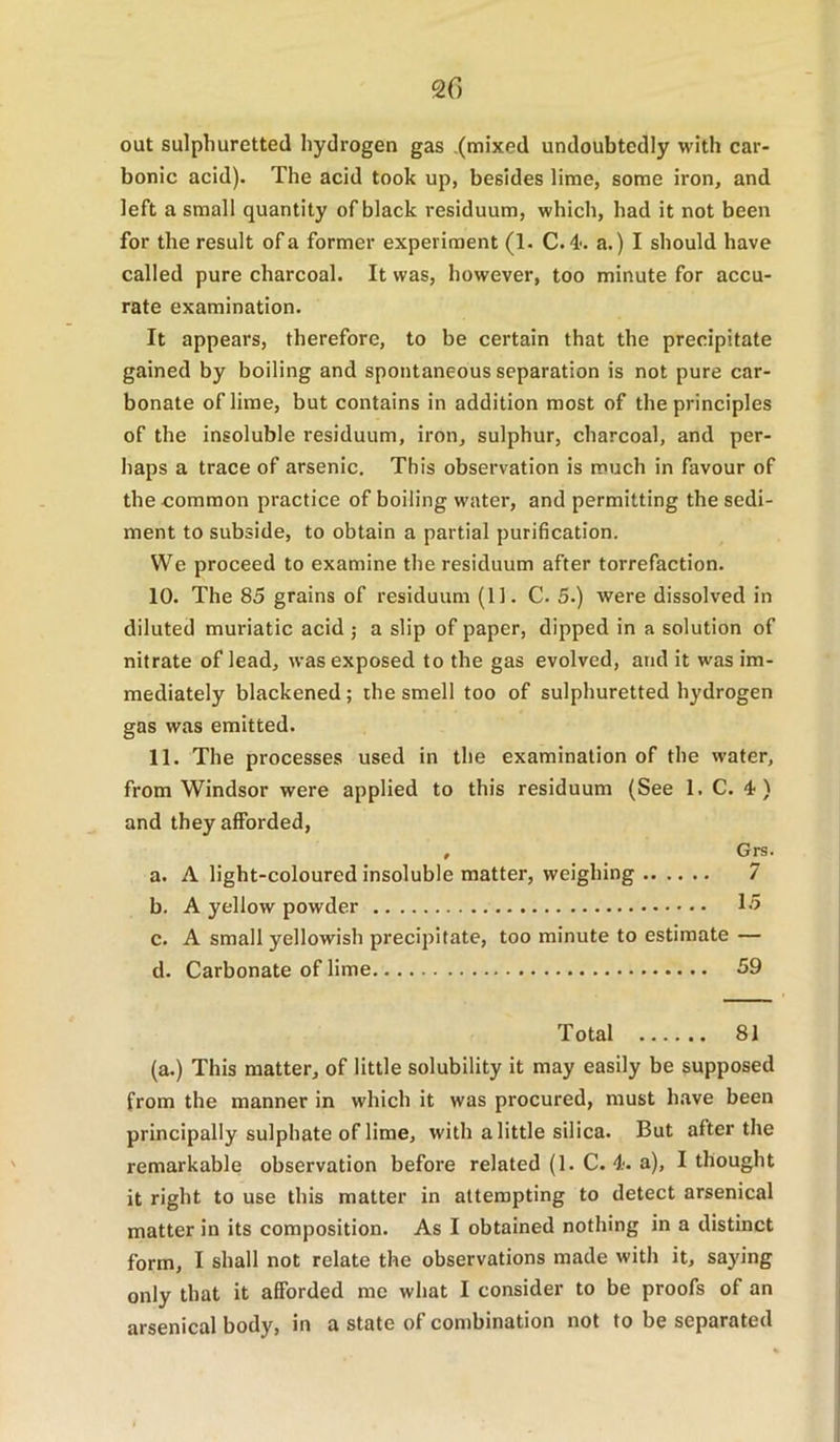 out sulphuretted hydrogen gas .(mixed undoubtedly with car- bonic acid). The acid took up, besides lime, some iron, and left a small quantity of black residuum, which, had it not been for the result of a former experiment (1. C. 4>. a.) I should have called pure charcoal. It was, however, too minute for accu- rate examination. It appears, therefore, to be certain that the precipitate gained by boiling and spontaneous separation is not pure car- bonate of lime, but contains in addition most of the principles of the insoluble residuum, iron, sulphur, charcoal, and per- haps a trace of arsenic. This observation is much in favour of the-common practice of boiling water, and permitting the sedi- ment to subside, to obtain a partial purification. We proceed to examine the residuum after torrefaction. 10. The 85 grains of residuum (11. C. 5.) were dissolved in diluted mui'iatic acid j a slip of paper, dipped in a solution of nitrate of lead, was exposed to the gas evolved, and it was im- mediately blackened; the smell too of sulphuretted hydrogen gas was emitted. 11. The processes used in the examination of the water, from Windsor were applied to this residuum (See 1. C. 4) and they afforded, , Grs. a. A light-coloured insoluble matter, weighing 7 b. A yellow powder 15 c. A small yellowish precipitate, too minute to estimate — d. Carbonate of lime 59 Total 81 (a.) This matter, of little solubility it may easily be supposed from the manner in which it was procured, must have been principally sulphate of lime, with a little silica. But after the remarkable observation before related (1. C. 4. a), I thought it right to use this matter in attempting to detect arsenical matter in its composition. As I obtained nothing in a distinct form, I shall not relate the observations made with it, saying only that it afforded me what I consider to be proofs of an arsenical body, in a state of combination not to be separated