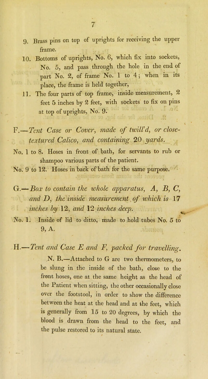 9. Brass pins on top of uprights for receiving the upper frame. 10. Bottoms of uprights, No. 6, which fix into sockets, No. 5, and pass through the hole in the end of part No. 2, of frame No. 1 to 4; when in its place, the frame is held together, 11. The four parts of top frame, inside measurement, 2 feet 5 inches by 2 feet, with sockets to fix on pins at top of uprights, No. 9. i F. —Tent Case or Cover, made of twill'd, or close- textured Calico, and containing 20 yards. No. 1 to 8. Hoses in front of bath, for servants to rub or shampoo various parts of the patient. No. 9 to 12. Hoses in back of bath for the same purpose. G. —Box to contain the whole apparatus, A, B, C, and D, the inside measurement of which is 17 inches by 12, and 12 inches deep. ^ No. 1. Inside of lid to ditto, made to hold tubes No. 5 to 9, A. H. —Tent and Case E and F, packed for travelling. N. B.—Attached to G are two thermometers, to be slung in the inside of the bath, close to the front hoses, one at the same height as the head of the Patient when sitting, the other occasionally close over the footstool, in order to show the difference between the heat at the head and at the feet, which is generally from 15 to 20 degrees, by which the blood is drawn from the head to the feet, and the pulse restored to its natural state.