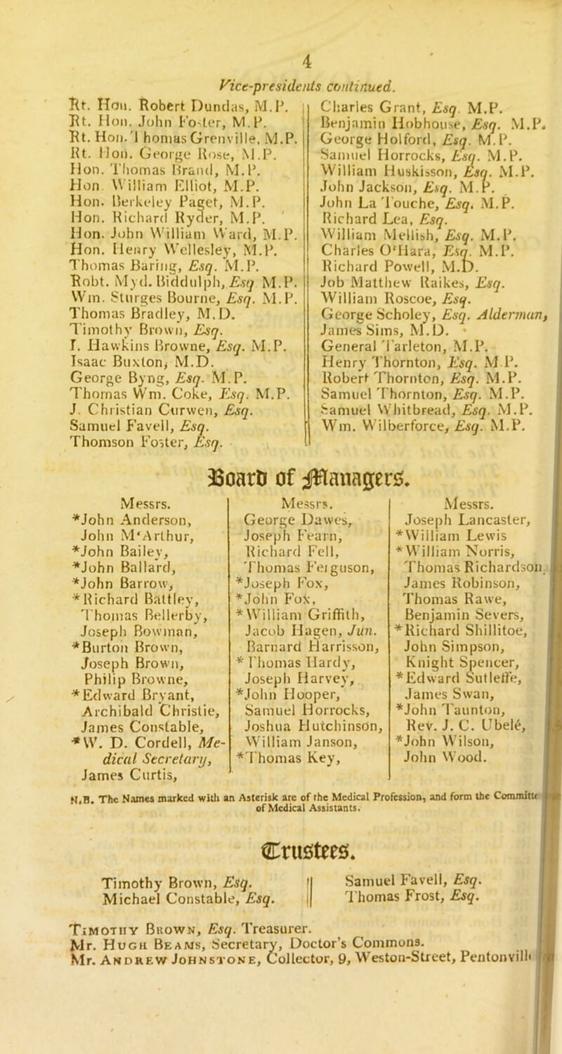 Vict-preside Rt. Hoii. Robert Dunclas, M.P. Rt. H()M. John hotter, M.P. Rt. Hoii.'l honms Grenville. M.P. lU. IJon. George l{ose, .M.P. Hon. Tliomas Hrand, M.P. PJon William Elliot, M.P. Hon. Peikeley Paget, M.P. Hon. Hicharcl Hyner, M.P. Hon. John W'illiam Ward, M.P. Hon. Henry W'ellesley, M.P. Thomas Baring, Esq. M.P. Robt. Myd. Bicicliilph, £.s(y M.P. W'in. SUirges Bourne, Esq. M.P. Thomas Bradley, M.D. Timothy Brown, Esq. I. Hawkins Browne, Esq. M.P. Isaac Buxton^ M.D. George Byng, Esq. M.P. Thomas VV’ni. Coke, Esq. M.P. J. Christian Ctirwcn, Esq. Samuel Favell, Esq. Thomson Foster, Esq. nts continued. Charles Grant, Esq. M.P. Benjamin Hobhouse, Esq. .M.P* George Holford, Esq. M.P. Samuel Horrocks, Esq. M.P. William iluskisson, Esq. M.P. John Jackson, Esq. M.P. John La Touche, Esq. M.P. Richard Lea, Esq. William .Mellish, Esq. M.l^. Charles O'Hara, Esq. M.P. Richard Powell, .M.D. Job Matthew llaikes. Esq. William Roscoe, Esq. George Scholey, Esq. Alderman, James Sims, M.D. ♦ General 'I'arleton, M.P. Henry Thornton, Esq. M P. Robert Thornton, Esq. M.P. Samuel Thornton, Esq. M.P. Samuel W'hitbread, Esq. M.P. Wm. Wilberforce, Esq. M.P. 33oarD of JHanager Messrs. ♦John .Anderson, John M‘Arthur, ♦John Bailey, ♦John Ballard, ♦John Barrow, ♦Richard Battley, Thomas Bellerby, Joseph Bowman, ♦Burtoii Brown, Joseph Brown, Philip Browne, ♦Edward Bryant, Archibald Christie, James Constable, ♦W. D. Cordell, Me- dical Secretary, James Curtis, N.B. The Names marked witli an Asterisk are of the Medical Profession, and form the ComnUttr of Medical Assistants. Messrs. George Dawes, Joseph Fearn, Richard Fell, Thomas Peiguson, ♦Joseph Fox, ♦John F'ox, ♦William Griffith, Jacob Hagen, Jun. Barnard PJarrisson, ♦ riiomas Hardy, Joseph Harvey, ♦John Hooper, Samuel Horrocks, Joshua PJutchinson, William Janson, ♦Thomas Key, i), Messrs. Joseph Lancaster, ♦William Lewis ♦William Norris, Thomas Richardson. James Robinson, Thomas Rawe, Benjamin Severs, ♦Richard Shillitoe, John Simpson, Knight Spencer, ♦Edward Sulleffie, James Swan, ♦John Taunton, Rev. J. C. Ubel^, ♦John Wilson, John Wood. Crustees. Timothy Brown, Esq. Michael Constable, Esq. Samuel Favell, Esq. 'I'homas Frost, Esq. Timothy Brown, Esq. Treasurer. Mr. Hugh Beams, Secretary, Doctor’s Commons.