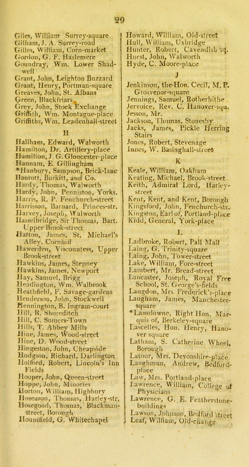 Giles, Willlarn Siirrey-sauare CJilhanijJ. A. Surrey-roau Gilles, William, Corn-market (iordon, G. F. Haslemere Goundray, Wm. Lower Shad- well Grant, John, Leighton Buzzard Grant, Henry, Portman-scjuare Greaves, John, St. Albans Green, Blackfriars- Grey, John, Stock Exchange Grifruh, Wm. Montague-place Griffiths, Wm. Leadenhall-street II Hallhani, Edward, Walwortli Hamilton, Dr, ArtilJery-placc Hamilton, J. G. Gloucester-place Hannam, E. Gillingham ^Hanbiiry, Sampson, Brick-lane Ilanrott, Burkitt, and Co. Hardy, Thomas, Walworth Hardy, John, Pcnniston, Yorks. Harris, R. P, Fenclnirch-street llarrisson, Barnard, Princes-str. Harvey, Joseph, Walworth Ilasselbridge, Sir Thomas, Bart. Upper Brook-street Hatton, James, St. Michael’s Alley. Cornhill Hawerden, Viscountess, Upper Brook-street Hawkins, James, Stepney Hawkins, James, Newport Hay, Samuel, Brigg Headington, Wm. Walbrook Heathfielfl, F. Savage-gardens Ilendersou, Jolin, Stockwell fJennington, B. Ingram-court Hill, R. .Shoreditch Hill, C. Somers-Town Hills, T. Abbev Mills Hine, James, \(''ood-street Hine, D. Wood-street Hingeston, John, Cheapside Hodgson, Richard, Darlington Ilolford, Robert, Lincoln’s Inn Fields Hooper, John, Queen-street Hoppe, John, Minories Horton, W illiam, Highbury Hoseason, 'Thomas, Harley-str. llosegood, 'Thomas, Blackman- street. Borough Hounstidd, G. Whitechapel Howard, William, Old-street Hull, William, Uxbridge Hunter, Robert, Cavendish scj. Hurst, John, Walworth Hyde, C. Moore-place J Jenkinson, the-Hon. Cecil, .M. P. G ros venor-scjuare Jennings, Samuel, Rotherhithe Jervoice, Rev. C. Hanover-stiu. Jesson, Mr. Jackson, 'Thomas, Stonesby Jacks, James, Pickle Herring Stairs Jones, Robert, Stevenage Iniics, W. Basinghall-street K Kealc, William, Oakham Keating, Michael, Brook-street Keith, Admiral Lord, Harley- street Kent, Kent, and Kent, Bftrough Kingsford, John, Fenchurch-str^ Kingston, Earl of, Portland-place Kidd, General, York-place L I.adbroke, Robert, Pall Mall Laing, G. Trinity-square Laing, John, 'I’ower-street Lake, William, Fore-street Lambert, Mr. Bread-street Lancaster, Joseph, Royal Free School, St. George’s-lields Langdon, Mrs. Frederick’s-plaee Langham, James, Manchestcr- square ♦Lansdowne, Right Hon. Mar- cpiis of, Berkeley-square Lascelles, Hon. Henry, Hano- ver square Latham, S. Catherine W’heel, Borough Latour, Mrs. Devonsliire-place Luiighman, Andrew, Bedford- place Law, Mrs. Portland-place Lawrence, William, Collese -af Physicians ^ Lawrence, G. E. Featherstone- biiildings Lawson, Johnson, Bedford street Leaf, VVdIiam, Old-rhange