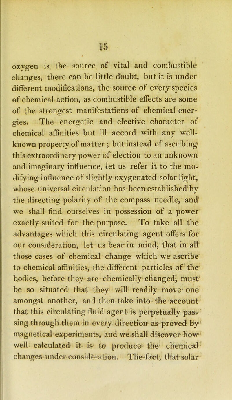 oxygen is the source of vital and combustible changes, there can be little doubt, but it is under different modifications, the source of every species of chemical action, as combustible effects are some of the strongest manifestations of chemical ener- gies. The energetic and elective character of chemical affinities but ill accord with any well- known property of matter ; but instead of ascribing this extraordinary power of election to an unknown and imaginary influence, let us refer it to the mo- difying influence of slightly oxygenated solar light, whose universal circulation has been established by the directing polarity of the compass needle, and we shall find ourselves in possession of a power exactly suited for the purpose. To take all the advantages which this circulating agent offers for our consideration, let us bear in mind, that in all those cases of chemical change which we ascribe to chemical affinities, the different particles of the hodies, before they are chemically changed; must be so situated that they will readily move one amongst another, and then take into the account that this circulating fluid agent is perpetually pas- sing through them in every direction as proved by magnetical experiments, and we shall discover how well calculated it is to produce the chemical changes under consideration. Tlie-fact, that solar