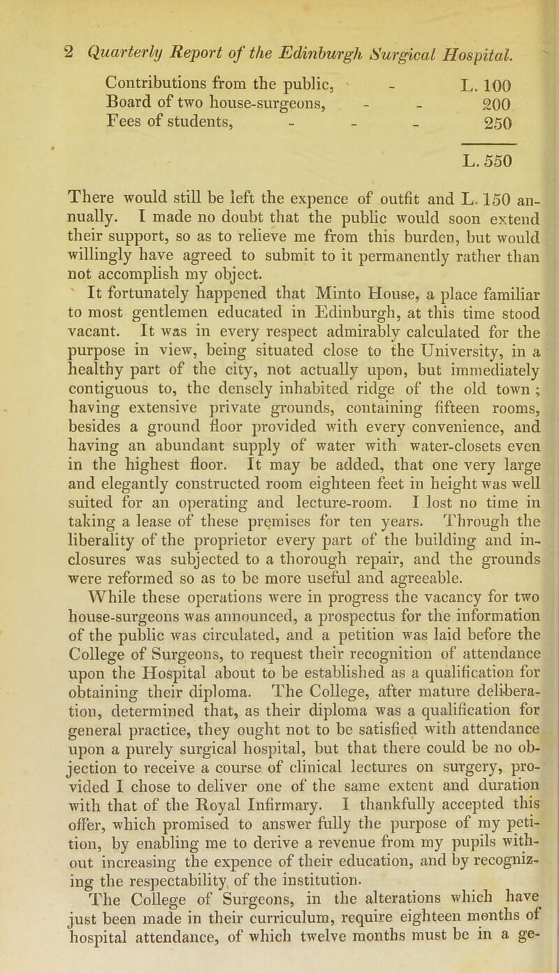 Contributions from the public, - L. 100 Board of two house-surgeons, - - 200 Fees of students, _ _ _ 250 L.550 There would still be left the expence of outfit and L. 150 an- nually. I made no doubt that the public would soon extend their support, so as to relieve me from this burden, but would willingly have agreed to submit to it permanently rather than not accomplish my object. ' It fortunately happened that Minto House, a place familiar to most gentlemen educated in Edinburgh, at this time stood vacant. It was in every respect admirably calculated for the purpose in view, being situated close to the University, in a healthy part of the city, not actually upon, but immediately contiguous to, the densely inhabited ridge of the old town ; having extensive private grounds, containing fifteen rooms, besides a ground floor provided with every convenience, and having an abundant supply of water with water-closets even in the highest floor. It may be added, that one very large and elegantly constructed room eighteen feet in height was well suited for an operating and lecture-room. I lost no time in taking a lease of these premises for ten years. Through the liberality of the proprietor every part of the building and in- closures was subjected to a thorough repair, and the grounds were reformed so as to be more useful and agreeable. While these operations were in progress the vacancy for two house-surgeons was announced, a prospectus for the information of the public was circulated, and a petition was laid before the College of Surgeons, to request their recognition of attendance upon the Hospital about to be established as a qualification for obtaining their diploma. The College, after mature delibera- tion, determined that, as their diploma was a qualification for general practice, they ought not to be satisfied with attendance upon a purely surgical hospital, but that there could be no ob- j jection to receive a course of clinical lectures on surgery, pro- vided 1 chose to deliver one of the same extent and duration with that of the Royal Infirmary. I thankfully accepted this offer, which promised to answer fully the purpose of my peti- tion, by enabling me to derive a revenue from my pupils with- out increasing the expence of their education, and by recogniz- 1 ing the respectability, of the institution. The College of Surgeons, in the alterations which have just been made in their curriculum, require eighteen months of hospital attendance, of which twelve months must be in a ge-