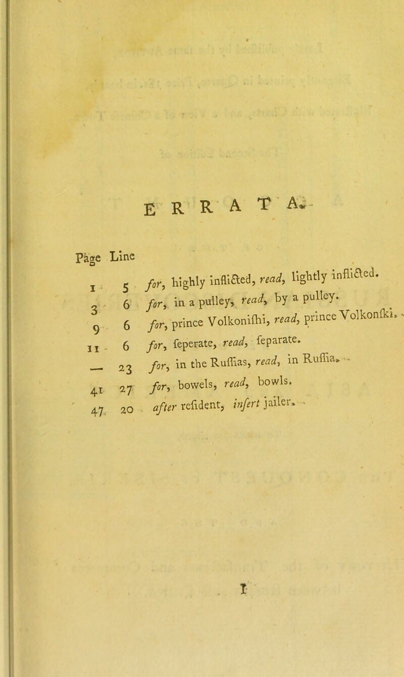 E R R A T Ai- Pa^e Line I5 for, Highly infliaed, read, lightly infliaed. ^ , 6 for, in a pulley, read, by a pulley, g 6 for, prince Volkonifhi, read, prince Volkonlki 11 - 6 for, feperate, Separate. — 23 /or, in the Ruffias, in - 41 27 for, bowels, read, bowls. 47 20 fl/or refident, /«/rf jailer* . t