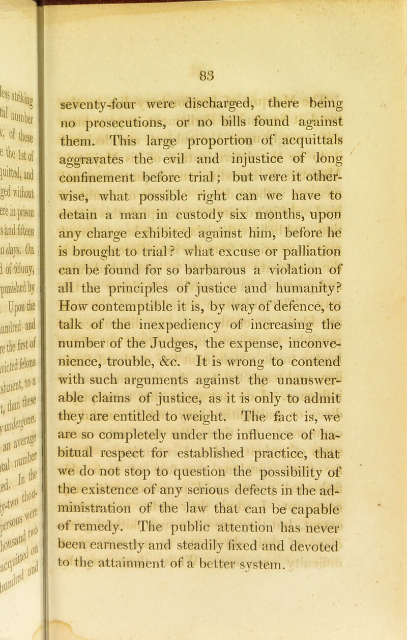 W IBuliu of these 0 the 1st of l>iitte(l,aD(l god without ere in prison sandlifieen II (law. On ¥ 1 of felony, pnnWhv Upon the lundred and rethefctof ivictedfefeos seventy-four were discharged, there being no prosecutions, or no bills found against them. This large proportion of acquittals aggravates the evil and injustice of long confinement before trial; but were it other- wise, what possible right can we have to detain a man in custody six months, upon any charge exhibited against him, before he is brought to trial ? what excuse or palliation can be found for so barbarous a violation of all the principles of justice and humanity? How contemptible it is, by way of defence, to talk of the inexpediency of increasing the number of the Judges, the expense, inconve- nience, trouble, &c. It is wrong to contend with such arguments against the unanswer- able claims of justice, as it is only to admit they are entitled to weight. The fact is, we are so completely under the influence of ha- bitual respect for established practice, that we do not stop to question the possibility of the existence of any serious defects in the ad- ministration of the law that can be capable of remedy. The public attention has never been earnestly and steadily fixed and devoted to the attainment of a better system.