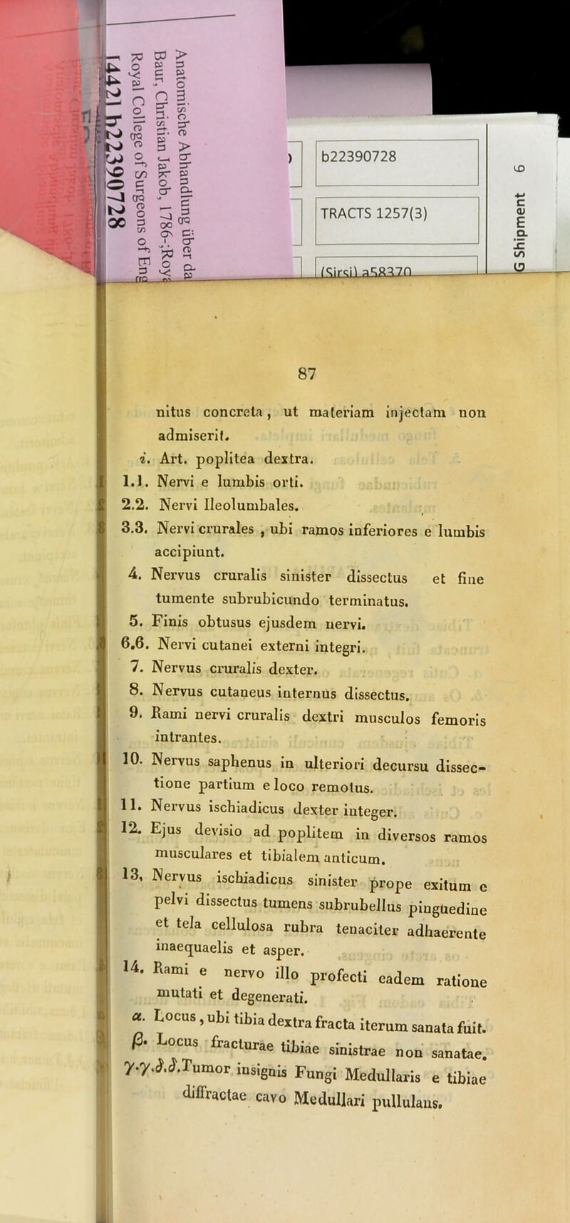 87 nitus concreta, ut materiam injectam non admiserit. i. Art. poplitea dextra. 1.1. Nervi e lumbis orti. 2.2. Nervi Ileolumbales. 3.3. Nervi crurales , ubi ramos inferiores e lumbis accipiunt. tumente subrubicundo terminatus. 5. Finis obtusus ejusdem nervi. 6.6. Nervi cutanei externi integri. 7. Nervus cruralis dexter. 8. Nervus cutaneus internus dissectus. 9. Rami nervi cruralis dextri musculos femoris intrantes. 10. Nervus saphenus in ulteriori decursu dissec- tione partium eloco remotus. 12. Ejus devisio ad poplitem in diversos ramos musculares et tibialem anticum. 13. Nervus ischiadicus sinister prope exitum c pelvi dissectus tumens subrubellus pinguedine et tela cellulosa rubra tenaciter adhaerente inaeqnaelis et asper. 14. Rami e nervo illo profecti eadem ratione mutati et degenerati. L°CUS ’Ubi ,ibia dei»-a fracta iterum sanata fuit. (3. Locus fracturae tibiae sinistrae non sanatae. y.y.dcS.Tumor insignis Fungi Medullaris e tibiae diffractae cavo Medullari pullulans.