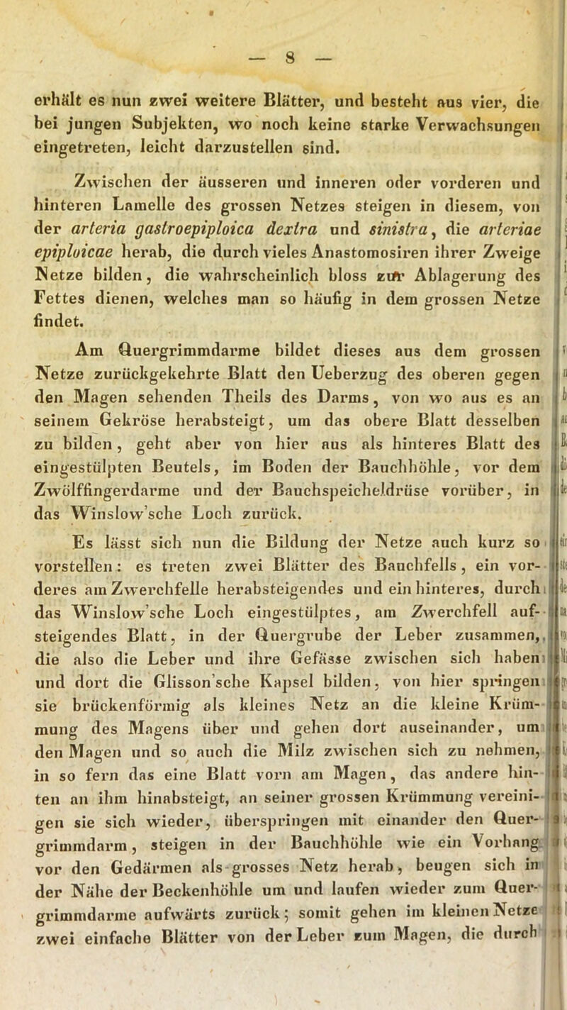 erhält es nun zwei weitere Blätter, und besteht aus vier, die bei jungen Subjekten, wo noch keine starke Verwachsungen i eingetreten, leicht darzustellen sind. Zwischen der äusseren und inneren oder vorderen und ' hinteren Lamelle des grossen Netzes steigen in diesem, von ' der arteria gastroepiploica dexira und sinistra^ die arleriae ' '■ epipluicae herab, die durch vieles Anastomosiren ihrer Zweige ; Netze bilden, die wahrscheinlich bloss zift* Ablagerung des Fettes dienen, welches man so häufig in dem grossen Netze , findet. Am Uuergrimmdarme bildet dieses aus dem grossen Netze zurückgekehrte Blatt den Ueberzug des oberen gegen den Magen sehenden Theils des Darms, von wo aus es an seinem Gekröse herabsteigt, um das obei’e Blatt desselben zu bilden, geht aber von hier aus als hinteres Blatt des eingestülpten Beutels, im Boden der Bauchhöhle, vor dem Zwölffingerdärme und der Bauchspeicheldrüse voi’über, in das Winslow’sche Loch zurück. V' II t u j]i I« Es lässt sich nun die Bildung der Netze auch kurz so vorstellen: es treten zwei Blätter des Bauchfells, ein vor- deres am Zwerchfelle herabsteigendes und ein hinteres, durch i das Winslow’sche Loch eingestülptes, am Zwerchfell auf-- steigendes Blatt, in der (iuergrube der Leber zusammen,, die also die Leber und ihre Gefässe zwischen sich habeni und dort die Glisson’sche Kapsel bilden, von hier spHngeni sie brückenförmig als kleines Netz an die kleine Krüm- mung des Magens über und gehen dort auseinander, umi den Magen und so auch die Milz zwischen sich zu nehmen, in so fern das eine Blatt vorn am Magen, das andere hin- ten an ihm hinabsteigt, an seiner grossen Krümmung vereini- i gen sie sich wieder, übei'springen mit einander den öuer-1 grimmdarm, steigen in der Bauchhöhle wie ein VorhangJ vor den Gedärmen als-grosses Netz herab, beugen sich im der Nähe der Beckenhöhle um und laufen wieder zum Quei’- grimmdarme aufwärts zurück 5 somit gehen im kleinen Netze zwei einfache Blätter von der Leber zum Magen, die durch lii iif le u ro; i\ j '■