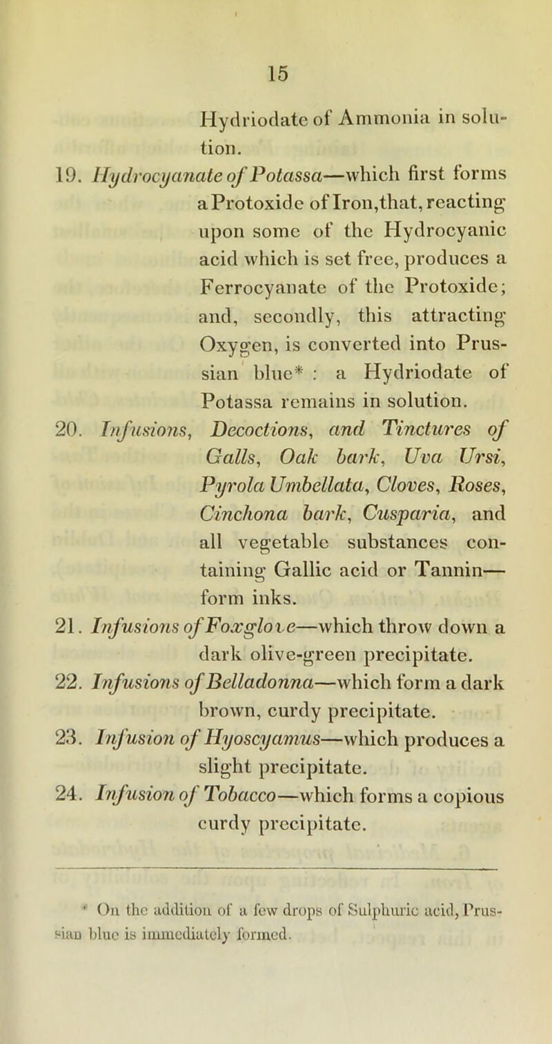 Hydriodate of Ammonia in sola- lion. 19. Hydrocyanate of Potassa—which first forms a Protoxide of Iron,that, reacting upon some of the Hydrocyanic acid which is set free, produces a Ferrocyanatc of the Protoxide; and, secondly, this attracting Oxygen, is converted into Prus- sian blue* : a Hydriodate of Potassa remains in solution. 20. Infusions, Decoctions, and Tinctures of Galls, Oak bark, Uva Ur si, Pyrola Unibellata, Cloves, Roses, Cinchona bark, Cusparia, and all vegetable substances con- taining Gallic acid or Tannin— form inks. 21. Infusions of Foxglove—which throw down a dark olive-green precipitate. 22. Infusions of Belladonna—which form a dark brown, curdy precipitate. 23. Infusion of Hyoscyamus—which produces a slight precipitate. 24. Infusion of Tobacco—which forms a copious curdy precipitate. * On the addition of a lew drops of Sulphuric acid, Prus- sian blue is immediately formed.