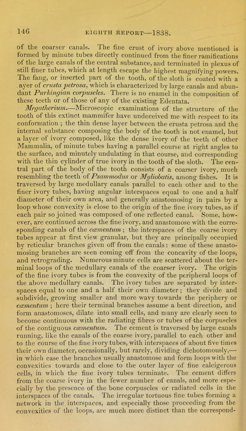 of the coarser canals. Ihe fine crust of ivory above mentioned is formed by minute tubes directly continued from the finer ramifications of the large canals of the central substance, and terminated in plexus of still finer tubes, which at length escape the highest magnifying powers. The fang, or inserted part of the tooth, of the sloth is coated with a ayer of crustapetrosa, which is characterized by large canals and abun- dant Piirliingian corpuscles. There is no enamel in the composition of these teeth or of those of any of the existing Edentata. Megatherium.—Microscopic examinations of the structure of the tooth of this extinct mammifer have undeceived me with respect to its conformation ; the thin dense layer between the crusta petrosa and the internal substance composing the body of the tooth is not enamel, but a layer of ivory composed, like the dense ivory of the teeth of other Mammalia, of minute tubes having a parallel course at right angles to the surface, and minutely undulating in that course, and corresponding with the thin cylinder of true ivory in the tooth of the sloth. The cen- tral part of the body of the tooth consists of a coarser ivory, much resembling the teeth of Psammodus or Myliohatis, among fishes. It is traversed by large medullary canals parallel to each other and to the finer ivory tubes, having angular intei-spaces equal to one and a half diameter of their own area, and generally anastomosing in pairs by a loop whose convexity is close to the origin of the fine ivory tubes, as if each pair so joined was composed of one reflected canal. Some, how- ever, are continued across the fine ivory, and anastomose with the corre- sponding canals of the ccementum ; the interspaces of the coarse ivory tubes appear at first view granular, but they are principally occupied by reticular branches given off from the canals: some of these anasto- mosing branches are seen coming off from the concavity of the loops, and retrograding. Numerous minute cells are scattered about the ter- minal loops of the medullary canals of the coarser ivory. The origin of the fine ivory tubes is from the convexity of the peripheral loops of the above medullary canals. The ivory tubes are separated by inter- spaces equal to one and a half their own diameter; they divide and subdivide, growing smaller and more wavy towards the peripherj’^ or ccementum ; here their terminal branches assume a bent direction, and form anastomoses, dilate into small cells, and many are clearly seen to become continuous with the radiating fibres or tubes of the corpuscles of the contiguous ccementum. The cement is traversed by large canals running, like the canals of the coarse ivory, parallel to each other and to the course of the fine ivory tubes, with interspaces of about five times their own diameter, occasionally, but rarely, dividing dichotomously,— in which case the branches usually anastomose and form loops with the convexities towards and close to the outer layer of fine calcigerous cells, in which the fine ivory tubes terminate. The cement differs from the coarse ivory in the fewer number of canals, and more espe- cially by the presence of the bone corpuscles or radiated cells in the interspaces of the canals. The irregular tortuous fine tubes forming a network in the interspaces, and especially those proceeding from the convexities of the loops, are much more distinct than the correspond-