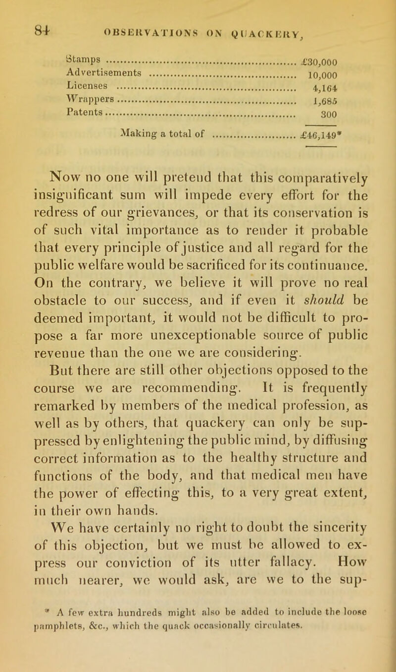 Stamps i.'30,000 Advertisements 10,000 Licenses 4,164 AVrappers 1^685 Patents 300 Making a total of £46,149* Now no one will pretend that this comparatively insig’nificant sum will impede every effort for the redress of our grievances, or that its conservation is of such vital importance as to render it probable that every principle of justice and all regard for the public welfare would be sacrificed for its continuance. On the contrary, we believe it will prove no real obstacle to our success, aud if even it should be deemed important, it would not be difficult to pro- pose a far more unexceptionable source of public revenue than the one we are considering. But there are still other objections opposed to the course we are recommending. It is frequently remarked by members of the medical profession, as well as by others, that quackery can only be sup- pressed by enlightening the public mind, by diffusing correct information as to the healthy structure and functions of the body, and that medical men have the power of effecting this, to a very great extent, in their own hands. We have certainly no right to doubt the sincerity of this objection, but we must be allowed to ex- press our conviction of its utter fallacy. How much nearer, we would ask, are we to the sup- * A few extra hundreds might also be added to include the loose pamphlets, &c., wliich the quack occasionally circulates.