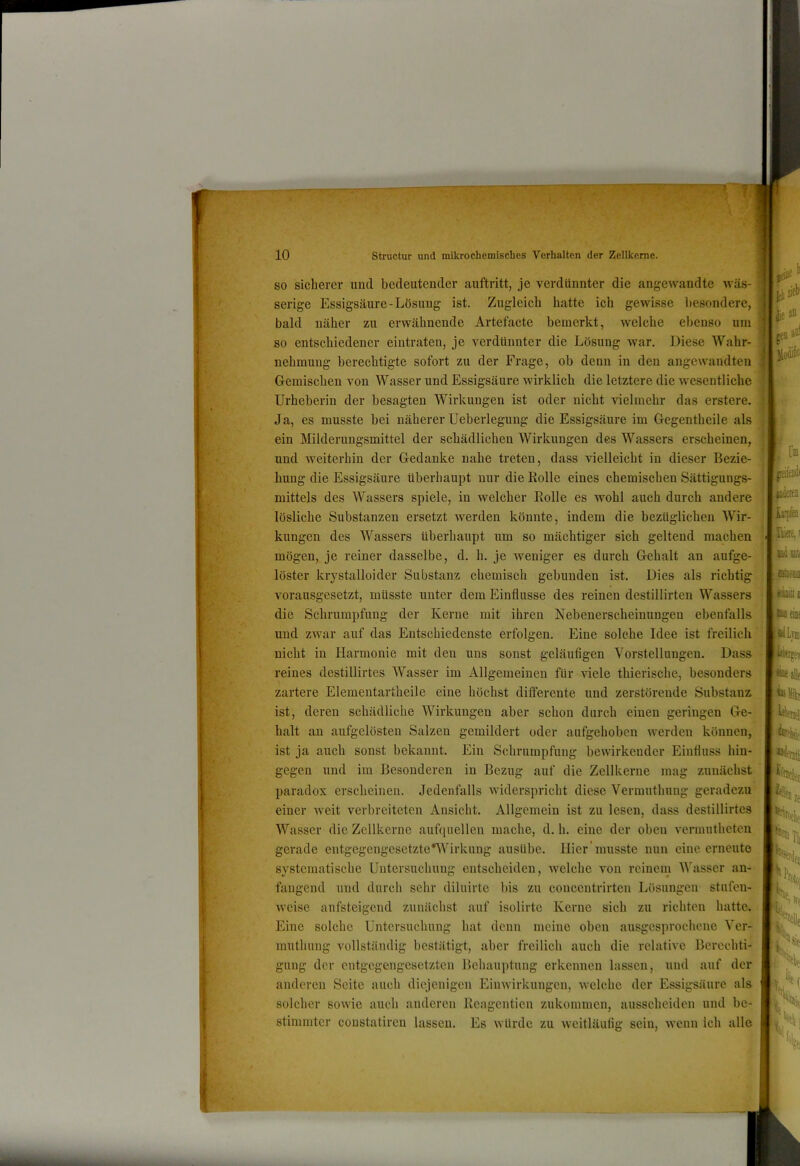 SO sicherer und bedeutender auftritt, je verdünnter die angewandte wäs- serige Essigsäure-Lösung ist. Zugleich hatte ich gewisse besondere, bald näher zu erwähnende Artefacte bemerkt, welche ebenso um so entschiedener eintraten, je verdünnter die Lösung war. Diese Wahr- nehmung berechtigte sofort zu der Frage, ob denn in den angewandten Gemischen von Wasser und Essigsäure wirklich die letztere die wesentliche Urheberin der besagten Wirkungen ist oder nicht \delmchr das erstere. Ja, es musste bei näherer Ueberlegung die Essigsäure im Gegentheile als ein Milderungsmittel der schädlichen Wirkungen des Wassers erscheinen, und weiterhin der Gedanke nahe treten, dass vielleicht in dieser Bezie- hung die Essigsäure überhaupt nur die Rolle eines chemischen Sättigungs- mittels des Wassers spiele, in welcher Rolle es wohl auch durch andere lösliche Substanzen ersetzt werden könnte, indem die bezüglichen AVir- kungen des AVassers überhaupt um so mächtiger sich geltend machen mögen, je reiner dasselbe, d. h. je weniger es durch Gehalt an aufge- löster krystalloider Substanz chemisch gebunden ist. Dies als richtig vorausgesetzt, müsste unter dem Einflüsse des reinen destillirten Wassers die Schrumpfung der Kerne mit ihren Nebenerscheinungen ebenfalls und zwar auf das Entschiedenste erfolgen. Eine solche Idee ist freilich nicht in Harmonie mit den uns sonst geläufigen A'orstellungen. Dass - reines destillirtes AVasser im Allgemeinen für viele thierische, besonders zartere Elemeutartheile eine höchst dilferente und zerstörende Substanz ist, deren schädliche Wirkungen aber schon durch einen geringen Ge- halt an aufgelösten Salzen gemildert oder aufgehoben werden können, ist ja auch sonst bekannt. Ein Schrumpfung bewirkender Einfluss hin- gegen und im Besonderen in Bezug auf die Zellkerne mag zunächst paradox erscheinen. Jedenfalls widerspricht diese Vermuthung geradezu einer weit verbreiteten Ansicht. Allgemein ist zu lesen, dass destillirtes AA^^asser die Zellkerne aufquellen mache, d. h. eine der oben vermutheten gerade entgegengesetzte'AA'^irknng ausübe. Hier’musste nun eine erneute systematische Untersuchung entscheiden, welche von reineiii AAhisser an- fangend und durch sehr diluirte bis zu conceutrirten L()sungcn stufen- weise anfsteigend zunächst auf isolirtc Kerne sich zu richten hatte. Eine solche Untersuchung hat denn meine oben ausgesprochene Ver- muthung vollständig bestätigt, aber freilich auch die relative Berechti- gung der entgegengesetzten Behauptung erkennen lassen, und auf der anderen Seite auch diejenigen Einwirkungen, welche der Essigsäure als solcher sowie auch anderen Reagentien zukommen, ausscheiden und be- stimmter coustatiren lassen. Es würde zu weitläufig sein, wenn Ich alle