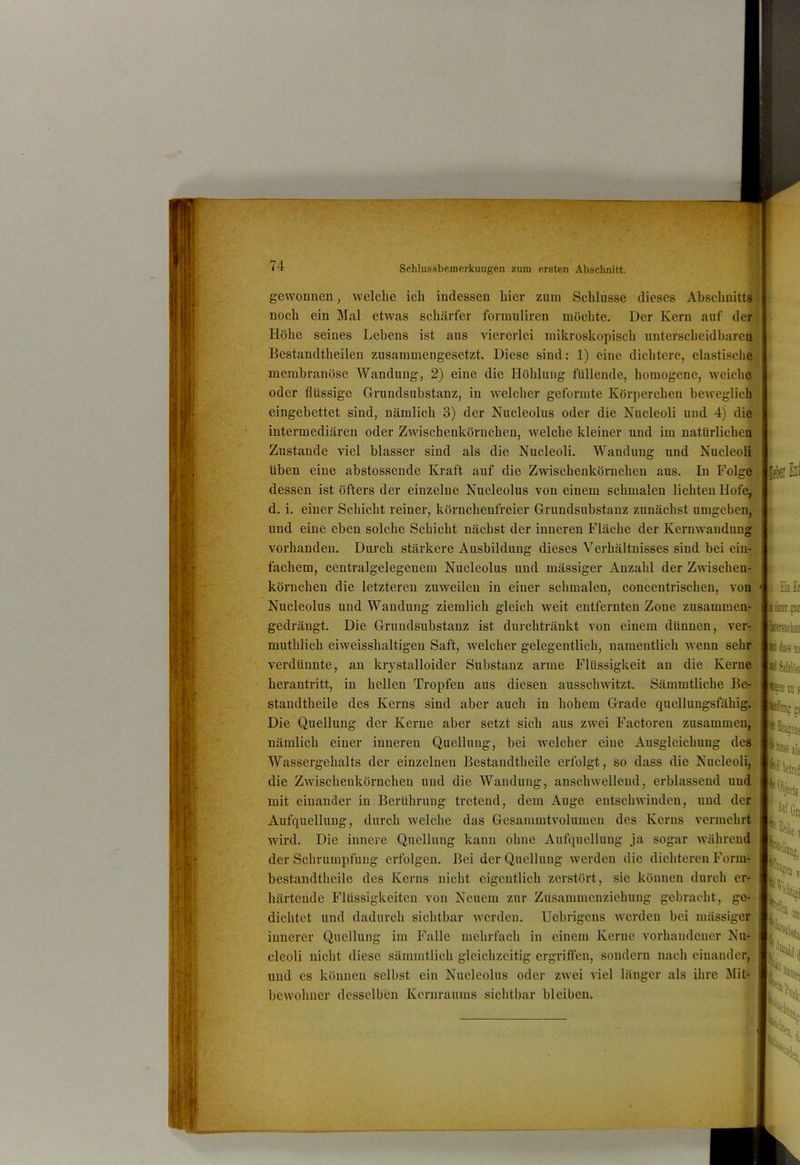 Schlussbemerkuugen zum ersten Abschnitt. gewonnen, welche ich indessen hier zum Schlüsse dieses Abschnitts noch ein Mal etwas schärfer formuliren mochte. Der Kern auf der Höhe seines Lebens ist aus viererlei mikroskopisch unterscheidbaren Bestandtheilen zusammengesetzt. Diese sind; 1) eine dichtere, elastische membranöse Wandung, 2) eine die Höhlung füllende, homogene, weiche oder flüssige Grundsubstanz, in welcher geformte Körperchen l)eweglich eingebettet sind, nämlich 3) der Nucleolus oder die Nucleoli und 4) die intermediären oder Zwischenkörnchen, Avelche kleiner und im natürlichen Zustande viel blasser sind als die Nucleoli. Wandung und Nucleoli üben eine abstossende Kraft auf die Zwischenköriichen aus. In Folge dessen ist öfters der einzelne Nucleolus von einem schmalen lichten Hofe, d. i. einer Schicht reiner, körnchenfreier Grundsubstanz zunächst umgeben, und eine eben solche Schicht nächst der inneren Fläche der Kernwaudung vorhanden. Durch stärkere Ausbildung dieses Verhältnisses sind bei ein- fachem, centralgelegenem Nucleolus und mässiger Anzahl der Zwischen- körnchen die letzteren zuweilen in einer schmalen, concentrischen, von Nucleolus und Wandung ziemlich gleich weit entfernten Zone zusammen- gedräugt. Die Grundsubstanz ist durchtränkt von einem dünnen, ver- muthlich eiweisshaltigeu Saft, welcher gelegentlich, namentlich wenn sehr verdünnte, an krystalloider Substanz arme Flüssigkeit an die Kerne herantritt, in hellen Tropfen aus diesen ausschwitzt. Sämmtliche Be- standtheile des Kerns sind aber auch in hohem Grade quellungsfähig. Die Quellung der Kerne aber setzt sich aus zwei Factoren zusammen, nämlich einer inneren Quellung, bei welcher eine Ausgleichung des Wassergehalts der einzelnen Bestaudtheile erfolgt, so dass die Nucleoli, die Zwischenkörncheu und die Wandung, anschwellend, erblassend und mit einander in Berührung tretend, dem Auge entschwinden, und der Aufquellung, durch welche das Gcsammtvolumen des Kerns vermehrt wird. Die innere Quellung kann ohne Aufquellung ja sogar während-i der Schrumpfung erfolgen. Bei der Quellung werden die dichteren Form-1 bestandtheile des Kerns nicht eigentlich zerstört, sie können durch er- härtende Flüssigkeiten von Neuem zur Zusammenziehung gebracht, ge- dichtet und dadurch sichtbar werden. Uebrigens werden bei mässiger innerer Quellung im Falle mehrfach in einem Kerne vorhandener Nu- cleoli nicht diese sämmtlich gleichzeitig ergriffen, sondern nach einander, und cs können selbst ein Nucleolus oder zwei viel länger als ihre Mit-^ bewohncr desselben Kernraums sichtbar bleiben. l'i