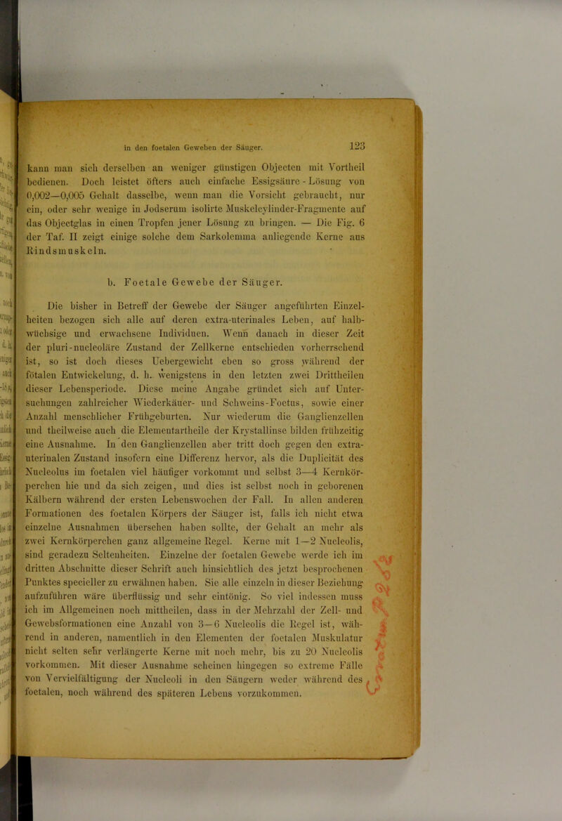 in den foetalen Geweben der Säuger. t. ' iw 'fflii 5' T0| kann mau sich dcrselheu an weniger günstigen Objeeten mit Vortlieil bedienen. Doch leistet öfters auch einfache Essigsäure - Lösung von 0,002—0,005 Gelialt dasselbe, wenn mau die Vorsicht gebraucht, nur ein, oder sehr wenige in Jodserum isolirte Muskelcyliuder-Fraginente auf das Objectglas in einen Tropfen jener Lösung zu bringen. — Die Fig. 6 der Taf. II zeigt einige solche dem Sarkolemma anliegende Kerne aus Kindsmuskeln. b. Foetale Gewebe der Säuger. D«l| tniip, lOli^ H fiiija aick di»' uüci ieme lirick lß^ ,(}DDW 1(13 il dorcli D 0 elin? eod« ^ all iß # all«“ ideci f: Die bisher in Betreff der Gewebe der Säuger angeführten Einzel- ; heiten bezogen sich alle auf deren extra-uterinales Leben, auf halb- ■ wüchsige und erwachsene ludmdueu. Wenn danach in dieser Zeit der pluri-nucleoläre Zustand der Zellkerne entschieden vorherrschend [,Tst, so ist doch dieses Uebergewicht eben so gross während der ! fötalen Entwickelung, d. h. wenigstens in den letzten zwei Drittheilen dieser Lebensperiode. Diese meine Angabe gründet sich auf Unter- suchungen zahlreicher Wiederkäuer- und Schweins-Foetus, sowie einer Anzahl menschlicher Frühgeburten. Nur wiederum die Ganglienzellen 1 und theilweise auch die Elemeutartheile der Krystallinse bilden frühzeitig eine Ausnahme. In den Ganglienzellen aber tritt doch gegen den extra- ; uterinalen Zustand insofern eine Differenz hervor, als die Duplicität des  Nucleolus im foetalen viel häufiger verkommt und selbst 3—4 Kernkör- : perchen hie und da sich zeigen, und dies ist selbst noch in geborenen Kälbern während der ersten Lebenswochen der Fall. In allen anderen Formationen des foetalen Körpers der Säuger ist, falls ich nicht etwa einzelne Ausnahmen übersehen haben sollte, der Gehalt an mehr als i 'zwei Kernkörperchen ganz allgemeine Regel. Kerne mit 1—2 Nucleolis, , .sind geradezu Seltenheiten. Einzelne der foetalen Gew^ebe w^erde ich im ' dritten Abschnitte dieser Schrift auch hinsichtlich des jetzt besprochenen Punktes specieller zu erwähnen haben. Sie alle einzeln in dieser Beziehung aufzuführen wäre überflüssig und sehr eintönig. So viel indessen muss ich im Allgemeinen noch mittheilen, dass in der Mehrzahl der Zell- und Gewebsformationen eine Anzahl von 3—G Nucleolis die Regel ist, wäih- rend in anderen, namentlich in den Elementen der foetalen Muskulatur nicht selten sehr verlängerte Kerne mit noch mehr, bis zu 20 Nucleolis Vorkommen. Mit dieser Ausnahme scheinen hingegen so extreme Fälle von Vervielfältigung der Nucleoli in den Säugern weder w'ährcnd des foetalen, noch während des späteren Lebens vorzukommen. V % i >■- 7.