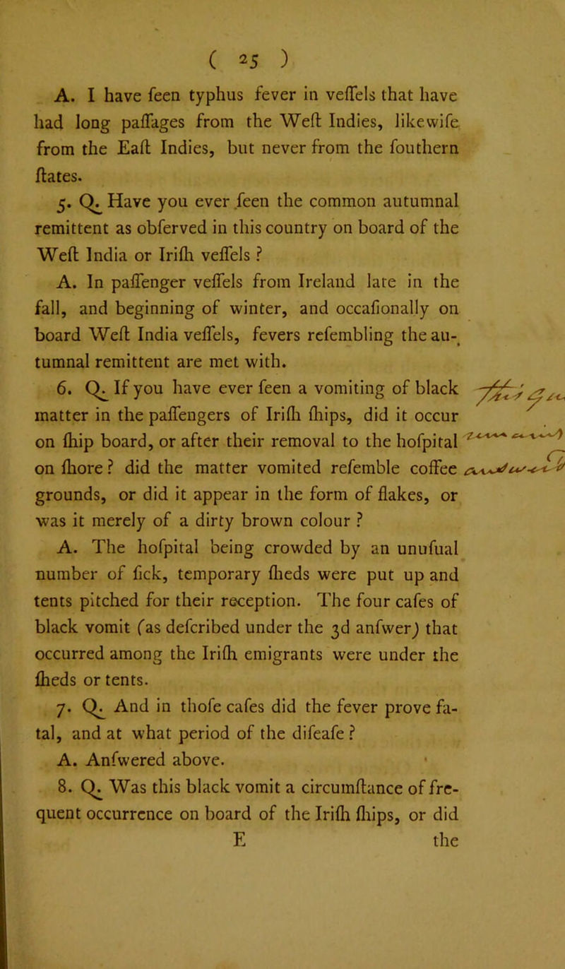 A. I have feen typhus fever in vefTels that have had long pafTages from the Weft Indies, likewife from the Eaft Indies, but never from the fouthern ftates. 5. Have you ever feen the common autumnal remittent as obferved in this country on board of the Weft India or Irifli veflels ? A. In paftenger veflels from Ireland late in the fall, and beginning of winter, and occafionally on board Weft India velfels, fevers rcfembling the au-^ tumnal remittent are met with. 6. If you have ever feen a vomiting of black matter in the paflengers of Irifli fliips, did it occur ‘7 on (hip board, or after their removal to the hofpital on fliore? did the matter vomited refemble coffee grounds, or did it appear in the form of flakes, or was it merely of a dirty brown colour ? A. The hofpital being crowded by an unufual number of fick, temporary flieds were put up and tents pitched for their reception. The four cafes of black vomit fas deferibed under the 3d anfwer^ that occurred among the Irifti emigrants were under the fheds or tents. 7. And in thofe cafes did the fever prove fa- tal, and at what period of the difeafe ? A. Anfwered above. 8. Was this black vomit a circumftance of fre- quent occurrence on board of the Irifti fliips, or did E the