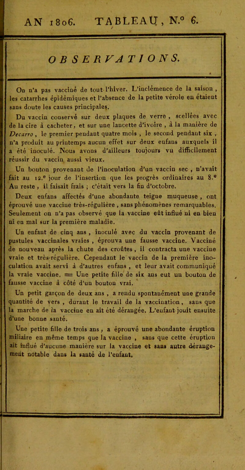 / OBSERVATIONS. Od n’a pas vacciné de tout l’hiver. L’inclemence de la saison , les catarrhes épidémiques et l’absence de la petite vérole en étaient sans doute les causes principale;. Du vaccin conservé sur deux plaques de verre , scellees avec de la cire à cacheter, et sur une lancette d’ivoire , à la manière de Decarro , le premier pendant quatre mois , le second pendant six , n’a produit au printemps aucun effet sur deux enfans auxquels il a été inoculé. Nous avons d’ailleurs toujours vu difficilement réussir du vaccin aussi vieux. Un bouton provenant de l’inoculation d’un vaccin sec , n’avait fàit au 12.® jour de l’insertion que les progrès ordinaires au 8.® Au reste , il faisait frais ; c’était vers la fin d’octobre. Deux enfans affectés d’une abondante teigne muqueuse , ont éprouvé une vaccine très-régulière , sans phénomènes remarquables. Seulement on n’a pas observé que la vaccine eût influé ni en bien ni en mal sur la première maladie. Un enfant de cinq ans , inoculé avec du vaccin provenant de pustules vaccinales vraies , éprouva une fausse vaccine. Vacciné de nouveau après la chute des croûtes, il contracta une vaccine vraie et très-régulière. Cependant le vaccin de la première ino- culation avait servi à d’autres enfans , et leur avait communiqué la vraie vaccine. = Une petite fille de six ans eut un bouton de fausse vaccine à côté d’un bouton vrai. Un petit garçon de deux ans , a rendu spontanément une grande quantité de vers , durant le travail de la vaccination, sans que la marche de la vaccine en ait été dérangée. L’enfant jouit ensuite d’une bonne santé. Une petite fille de trois ans , a éprouvé une abondante éruption miliaire en même temps que la vaccine , sans que cette éruption ait influé d’aucune manière sur la vaccine et sans autre dérange- ment notable dans la santé de l’enfant.