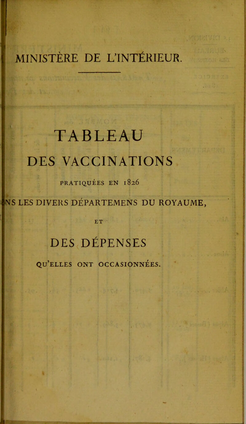 MINISTÈRE DE L’INTÉRIEUR. TABLEAU DES VACCINATIONS PRATIQUÉES EN 1826 NS LES DIVERS DÉPARTEMENS DU ROYAUME, ET DES DÉPENSES QU’ELLES ONT OCCASIONNÉES.