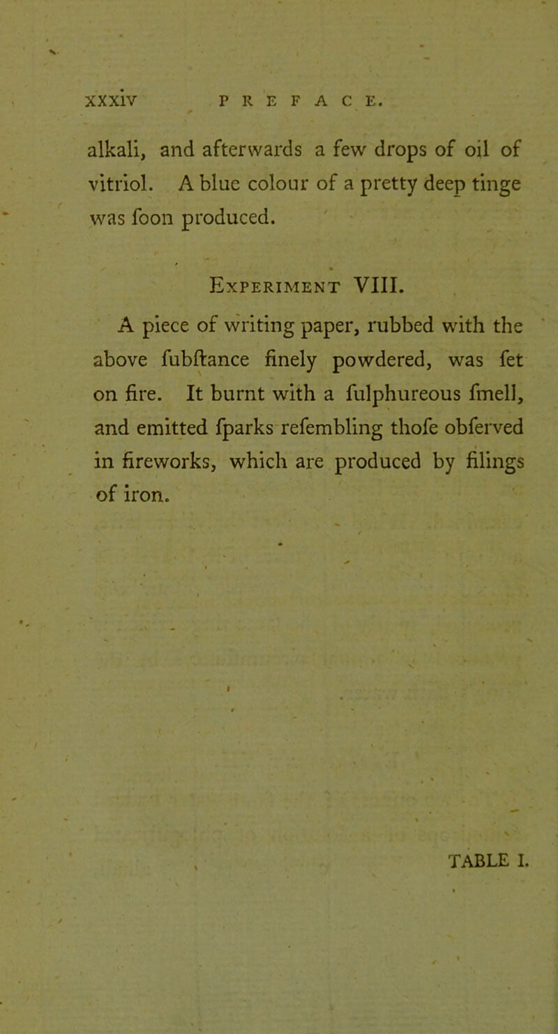 alkali, and afterwards a few drops of oil of vitriol. A blue colour of a pretty deep tinge was foon produced. Experiment VIII. A piece of writing paper, rubbed with the above fubftance finely powdered, was fet on fire. It burnt with a fulphureous fmell, and emitted fparks refembling thofe obferved » in fireworks, which are produced by filings of iron. t