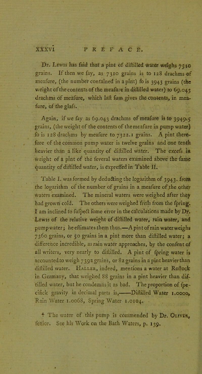 Dr. Lewis has faid that a pint of diftilled water weighs 73 lO grains. If then we fay, as 7310 grains is to 128 drachms of meafure, (the number contained in a pint) fois 3943 grains (the weight of the contents of the meafure in diftilled water) to 69.043 drachms of meafure, which lall fum gives the contents, in mea- fure, of the glafs. Again, if we fay as 69.043 drachms of meafure is to 3949.5 grains, (the weight of the contents of the meafure in pump water) fo is 128 drachms by meafure to 7322.1 grains. A pint there- fore of the common pump water is twelve grains and one tenth heavier than a like quantity of diftilled water. The exce/s in vveight of a pint of the feveral waters examined above the fame quantity of diftilled wafer, is exprefled in Table II. • Table I. was formed by deducing the logarithm of 3943. froM the logarithm of the number of grains in a meafure of .the other waters examined. The mineral waters were weighed after they had grown cold. The others were weighed frelh from the fpring. I am inclined to fufpedl Ibme error in the calculations made by Dr. Lewis of the relative weight of diftilled water, rain water, and pumpwater; heeftimates them thus.—A pint ofrain water weighs 7360 grains, or 50 grains in a pint more than diftilled water; a difference incredible, as rain water approaches, by the confentof all writers, very nearly to diftilled. A pint of fpring water is accounted to weigh 739zgrains, or Szgrains in a pint heavier than diftilled water. Haller, indeed, mentions a water at Roftock In Germany, that weighed 88 grains in a pint heavier than dif- tilled water, but he condemns it as bad. The proportion of Ipe- cifick gravity in decimal parts is, Diftilled Water 1.0000, Rain Water 1.0068, Spring Water 1.0104. + The water of this pump is commended by Dr. Oliver, fcnior. See his Work on the Bath Waters, p. 139.