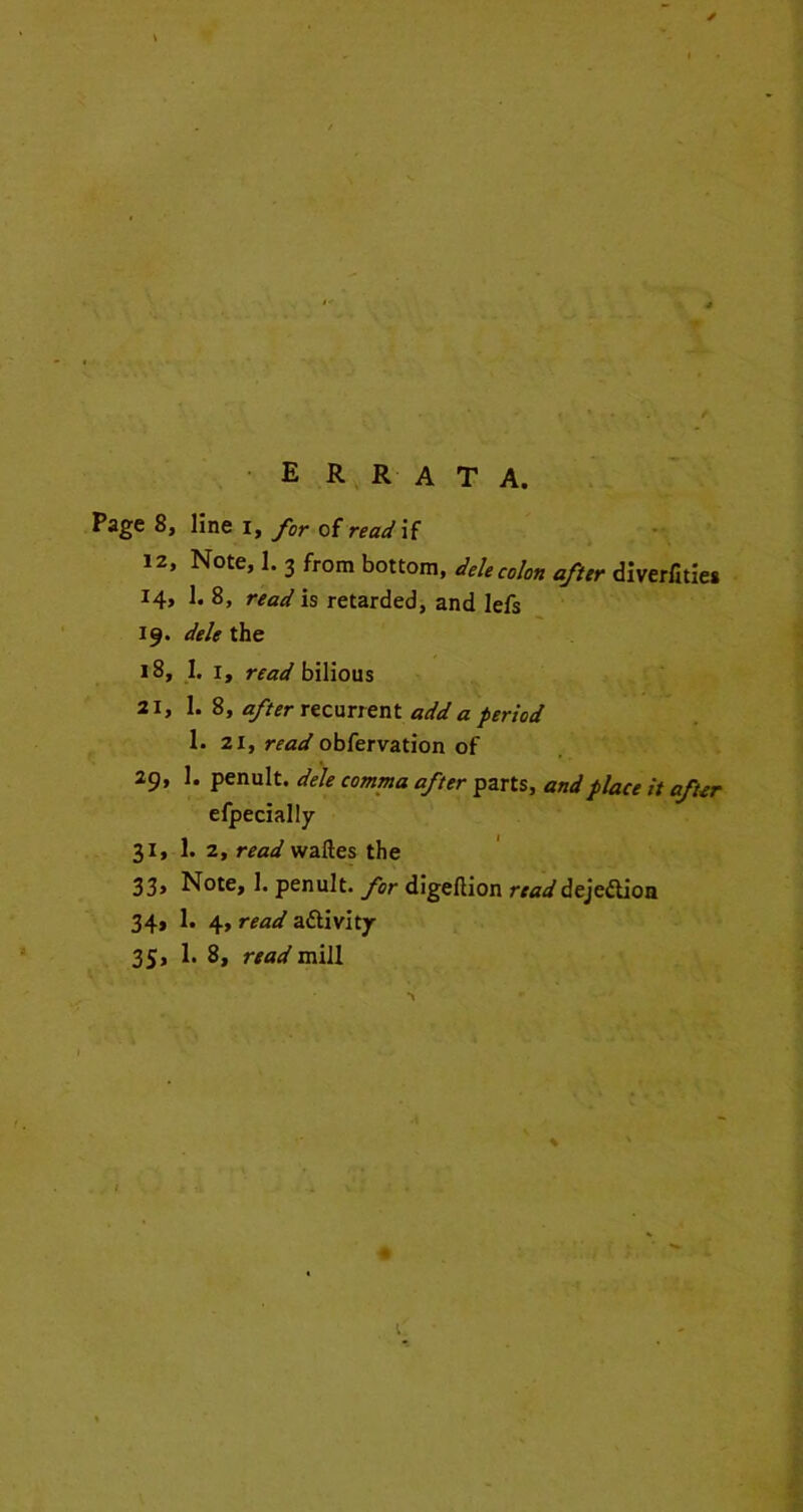 •errata. Page 8, line I,/er of W if 12, Note, 1. 3 from bottom, afttr diverlltie* 14, 1. 8, read is retarded, and lefs 19. dele the 18, I. I, bilious 21, 1. 8, recurrent add a period 1. 21, read obfervation of 29, 1. penult, dele comma after parts, and place it after elpecially 31, 1. 2, read waftes the 33> Note, 1. penult, for digellion readdejedlioa 34, 1. 4, read aftivitjr 3S> !• 8, read mill