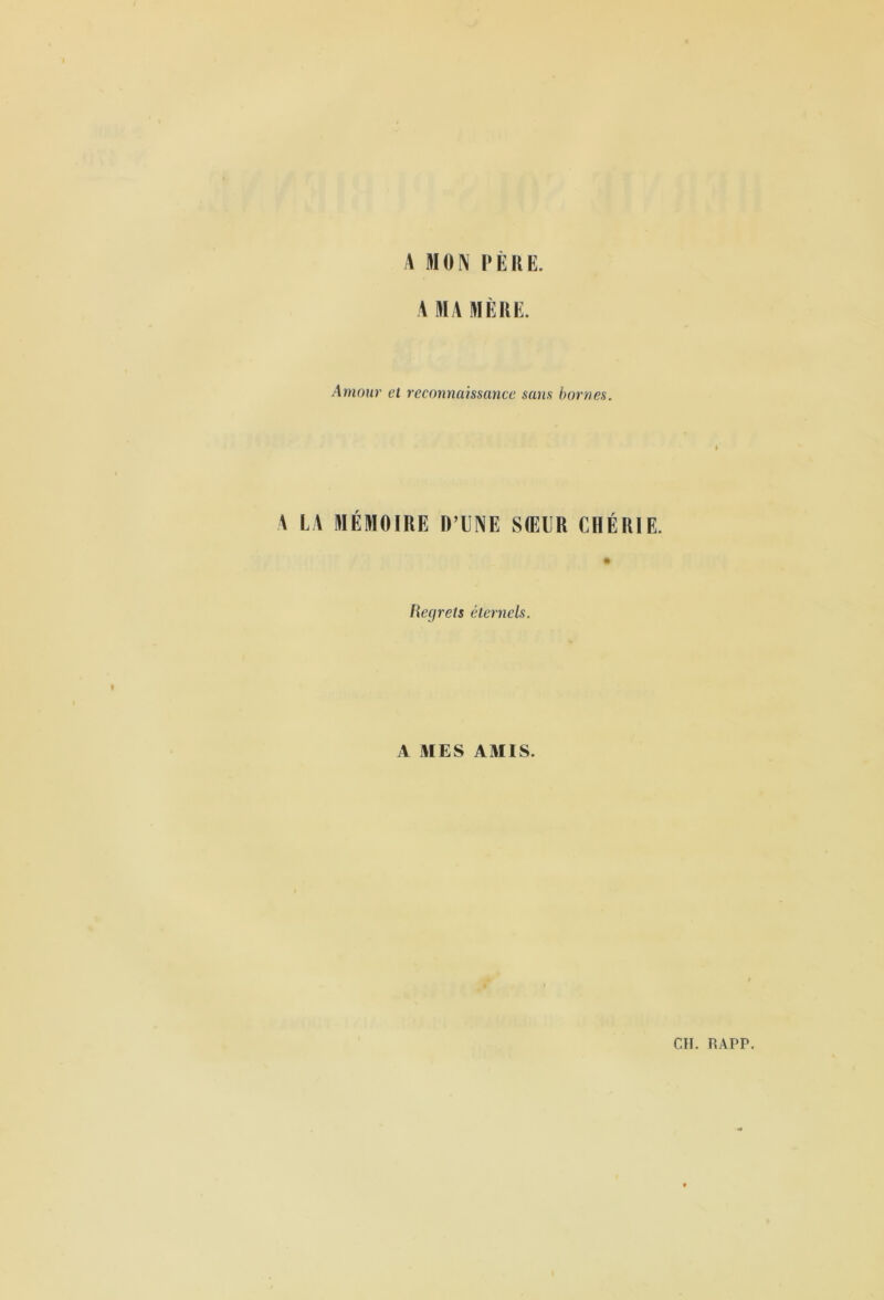 A MON l’ÈlîE. A MA MÈIIK. Amoiü' et reconnaissance sans bornes. A LA MÉMOIRE D’UNE SŒUR CHÉRIE. liegrets éternels. A MES AMIS. CH. HAPP.