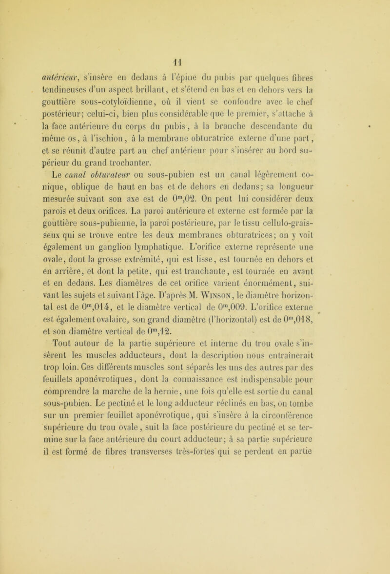 antérieur^ s'insère eu dedans à l’épine du pidjis par (juelques fibres tendineuses d’un aspect brillant, et s’élend en bas et en dehors vers la gouttière sous-cotyloïdienne, où il vient se confondre avec le chef postérieur; celui-ci, bien plus considérable que le premier, s’allacbe à la face antérieure du corps du pubis, à la branche descendante du même os, à l’ischion, à la membrane obturatrice externe d’une jiart, et se réunit d’autre part au chef antérieur pour s’insérer au bord su- périeur du grand trochanter. Le canal obturateur ou sous-pubien est un canal légèrement co- nique, oblique de haut en bas et de dehors en dedans; sa longueur mesurée suivant son axe est de 0’,0'2. On peut lui considérer deux parois et deux orifices. La paroi antérieure et externe est formée par la gouttière sous-pubienne, la paroi postérieure, par le tissu cellulo-grais- seux qui se trouve entre les deux membranes obturatrices; on y voit également un ganglion lymphatique. L’orifice externe représente une ovale, dont la grosse extrémité, qui est lisse, est tournée en dehors et en arrière, et dont la petite, qui est tranchante, est tournée en avant et en dedans. Les diamètres de cet orifice varient énormément, sui- vant les sujets et suivant l’âge. D’après M. Wiinson, le diamètre horizon- tal est de 0',014, et le diamètre vertical de 0',009. L’orifice externe est également ovalaire, son grand diamètre (l’horizontal) est de 0\018, et son diamètre vertical de 0™,12. Tout autour de la partie supérieure et interne du trou ovale s’in- sèrent les muscles adducteurs, dont la description nous entraînerait trop loin. Ces différents muscles sont séparés les uns des autres par des feuillets aponévrotiques, dont la connaissance est indispensable pour comprendre la marche de la hernie, une fois qu’elle est sortie du canal sous-pubien. Le pectiné et le long adducteur réclinés en bas, on tombe sur un premier feuillet aponévrotique, qui s’insère à la circonférence supérieure du trou ovale, suit la face postérieure du pectiné et se ter- mine sur la face antérieure du court adducteur; à sa partie supérieure il est formé de fibres transverses très-fortes'qui se perdent en partie