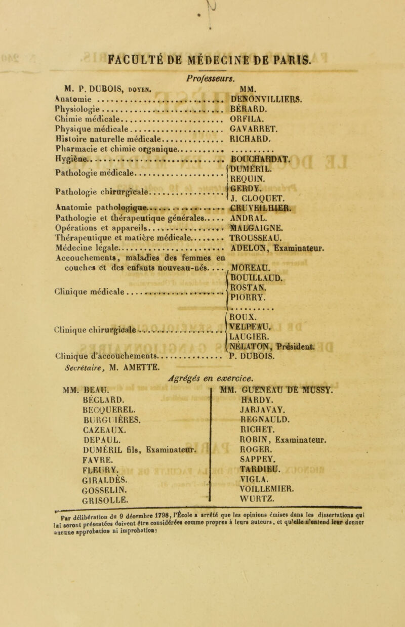 Professeurs. M. P. DUBOIS, DOYEN. MM. Anatomie DENONVILLIERS. Physiologie BÉRARD. Chimie médicale OR Fl LA. Physique médicale GAVARRET. Histoire naturelle médicale RICHARD. Pharmacie et chimie organique Hygiène BOÜCHARffl)AT. Pathologie médicale Pathologie chirurgicale jGERDY.  ® h. CLOQÜET. Anatomie pathologique......... flRUVElLHlER. Pathologie et thérapeutique générales ANDRAL. Opérations et appareils... MALGAIGNE. Thérapeutique et matière médicale TROUSSEAU. Médecine légale A DELON, Examinateur. Accouchements, maladies des femmes en couches et des enfants nouveau-nés. ... MOREAU. IBOUILLAUD. Clinique médicale * /ROUX. Clinique chirurgicale . I VELï^AU. ‘ ® j LAUGIER. {nÉLATON, Président. Clinique d’accouchements P. DUBOIS. Secrétaire J M. AMETTE. Agrégés en exercice. MM. BEAU. BÉCLARD. BECQUEREL. BURGUIÈRES. CAZEAUX. DEPAUL. DUMÉRIL fils. Examinateur. FAVRE. FLEURY. GIRALDÈS. GOSSELIN. GRISOLLE. MM. GÜENEAÜ DE MÜSSY. HARDY. JARJAVAY. REGNAULD. RICHET. ROBIN, Examinateur. ROGER. SAPPEY. TARDIEU. VIGLA. VOILLEMIER. WURTZ. '^P«r délibération du 9 décembre 1798, l’École a arrêté que les opinions émises dans les dissertations q«i lai seront présentées doivent être considérées comme propres à leurs auteurs, et qu'elie n’entcod leur donner aucune approbation ni improbatioaj