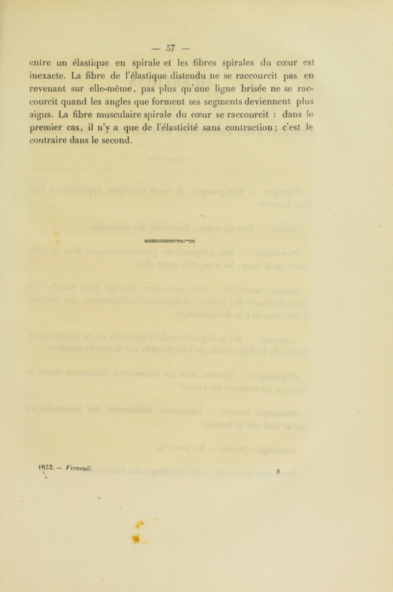 entre un élastique en spirale et les fibres spirales du cœur est inexacte. La fibre de l’élastique distendu ne se raccourcit pas en revenant sur elle-même, pas plus qu’une ligne brisée ne se rac- courcit quand les angles que forment ses segments deviennent plus aigus. La fibre musculaire spirale du cœur se raccourcit : dans le premier cas, il n’y a que de l’élasticité sans contraction; c’est le contraire dans le second. 1852.— F'erneuil. v * 8