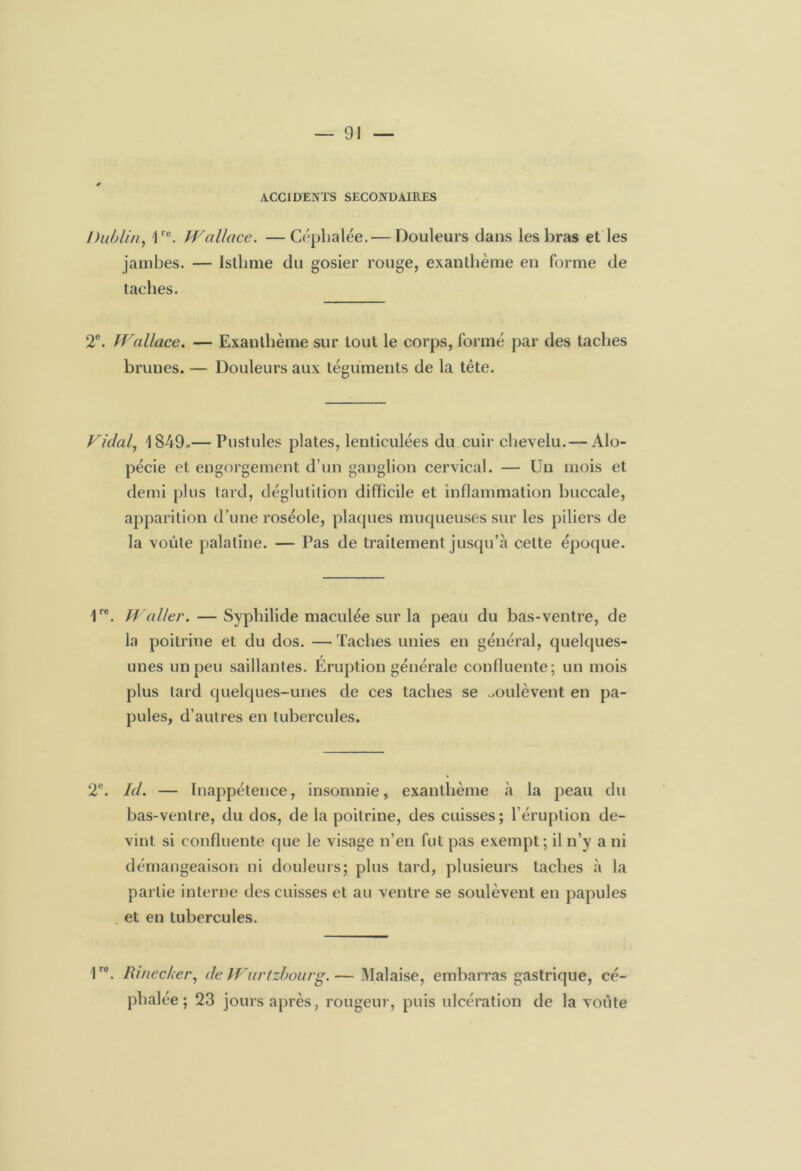 ACCIDENTS SECONDAIRES Dublin, Ve. Wallace. —Céphalée. — Douleurs dans les bras et les jambes. — Isthme du gosier rouge, exanthème en forme de taches. 2e. Wallace. — Exanthème sur tout le corps, formé par des taches brunes. — Douleurs aux téguments de la tête. Vidal, \ 849.— Pustules plates, lenticulées du cuir chevelu.— Alo- pécie et engorgement d’un ganglion cervical. — Un mois et demi plus tard, déglutition difficile et inflammation buccale, apparition d’une roséole, plaques muqueuses sur les piliers de la voûte palatine. — Pas de traitement jusqu’à cette époque. 1re. Waller. —Syphilide maculée sur la peau du bas-ventre, de la poitrine et du dos. — Taches unies en général, quelques- unes un peu saillantes. Éruption générale confluente; un mois plus tard quelques-unes de ces taches se soulèvent en pa- pules, d’autres en tubercules. 2e. Id. — Inappétence, insomnie, exanthème à la peau du bas-ventre, du dos, de la poitrine, des cuisses; l’éruption de- vint si confluente que le visage n’en fut pas exempt; il n’y a ni démangeaison ni douleurs; plus tard, plusieurs taches à la partie interne des cuisses et au ventre se soulèvent en papules et en tubercules. lro. Rinecker, de Wurtzbourg.— Malaise, embarras gastrique, cé- phalée; 23 jours après, rougeur, puis ulcération de la voûte