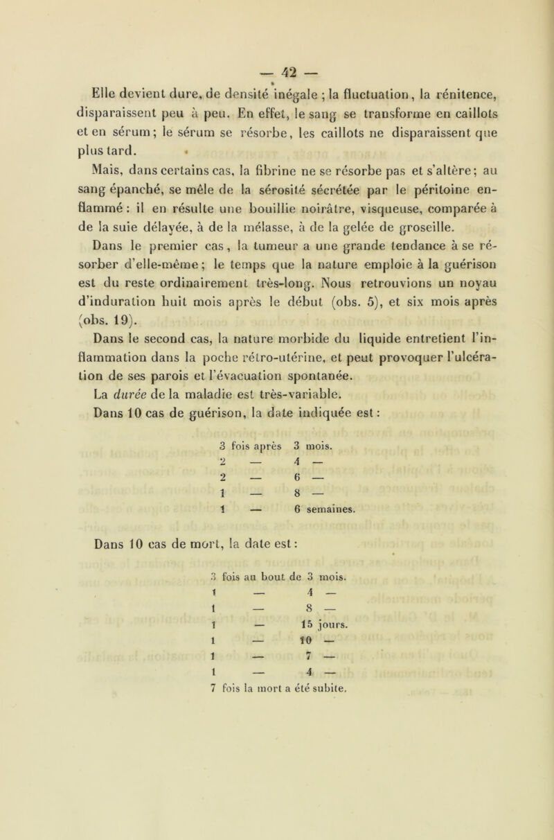 — 42 — Elle devient dure, de densité inégale ; la fluctuation, la rénitence, disparaissent peu à peu. En effet, le sang se transforme en caillots et en sérum; le sérum se résorbe, les caillots ne disparaissent que plus tard. Mais, dans certains cas, la fibrine ne se résorbe pas et s’altère; au sang épanché, se mêle de la sérosité sécrétée par le péritoine en- flammé : il en résulte une bouillie noirâtre, visqueuse, comparée à de la suie délayée, à de la mélasse, à de la gelée de groseille. Dans le premier cas, la tumeur a une grande tendance à se ré- sorber d’elle-même; le temps que la nature emploie à la guérison est du reste ordinairement très-long. Nous retrouvions un noyau d’induration huit mois après le début (obs. 5), et six mois après (obs. 19). Dans le second cas, la nature morbide du liquide entretient l’in- flammation dans la poche rétro-utérine, et peut provoquer l’ulcéra- tion de ses parois et l’évacuation spontanée. La durée de la maladie est très-variable. Dans 10 cas de guérison, la date indiquée est : S fois après 3 mois. 2 — 4 — 2 — 6 — î — 8 — 1 — 6 semaines. Dans 10 cas de mort, la date est: 3 fois au bout de 3 mois. 1 — 4 — 1 — S — 1 — 15 jours. 1 — 10 — 1 — 7 — 1 _ 4 —