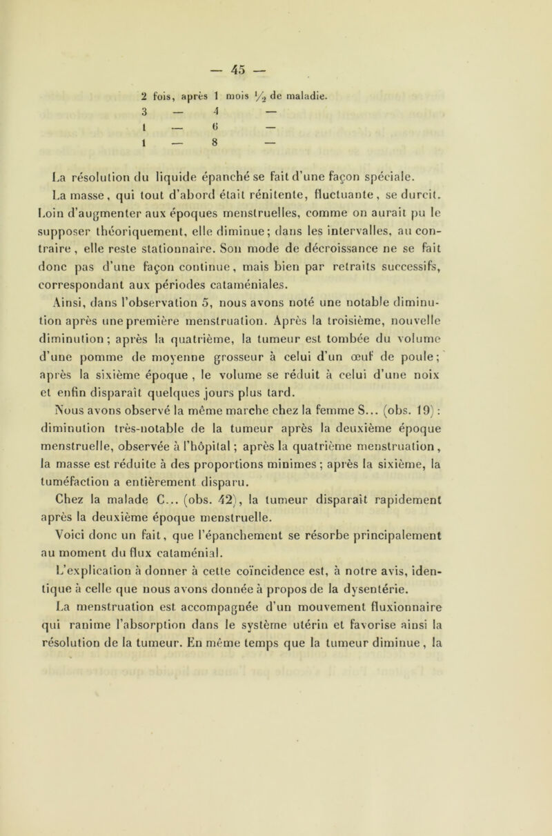 2 fois, après 1 mois x/2 de maladie. 3—4 — 1 — 0 — 1—8 — La résolution du liquide épanché se fait d’une façon spéciale. La masse, qui tout d’abord était rénitenle, fluctuante, se durcit. Loin d’augmenter aux époques menstruelles, comme on aurait pu le supposer théoriquement, elle diminue; dans les intervalles, au con- traire , elle reste stationnaire. Son mode de décroissance ne se fait donc pas d’une façon continue, mais bien par retraits successifs, correspondant aux périodes cataméniales. Ainsi, dans l’observation 5, nous avons noté une notable diminu- tion après une première menstruation. Après la troisième, nouvelle diminution; après la quatrième, la tumeur est tombée du volume d’une pomme de moyenne grosseur à celui d’un œuf de poule; après la sixième époque , le volume se réduit à celui d’une noix et enfin disparaît quelques jours plus lard. Nous avons observé la même marche chez la femme S... (obs. 19) : diminution très-notable de la tumeur après la deuxième époque menstruelle, observée à l’hôpital ; après la quatrième menstruation, la masse est réduite à des proportions minimes; après la sixième, la tuméfaction a entièrement disparu. Chez la malade C... (obs. 42), la tumeur disparait rapidement après la deuxième époque menstruelle. Voici donc un fait, que l’épanchement se résorbe principalement au moment du flux cataménial. L’explication à donner à cette coïncidence est, à notre avis, iden- tique à celle que nous avons donnée à propos de la dysentérie. La menstruation est. accompagnée d’un mouvement fluxionnaire qui ranime l’absorption dans le système utérin et favorise ainsi la résolution de la tumeur. En même temps que la tumeur diminue , la