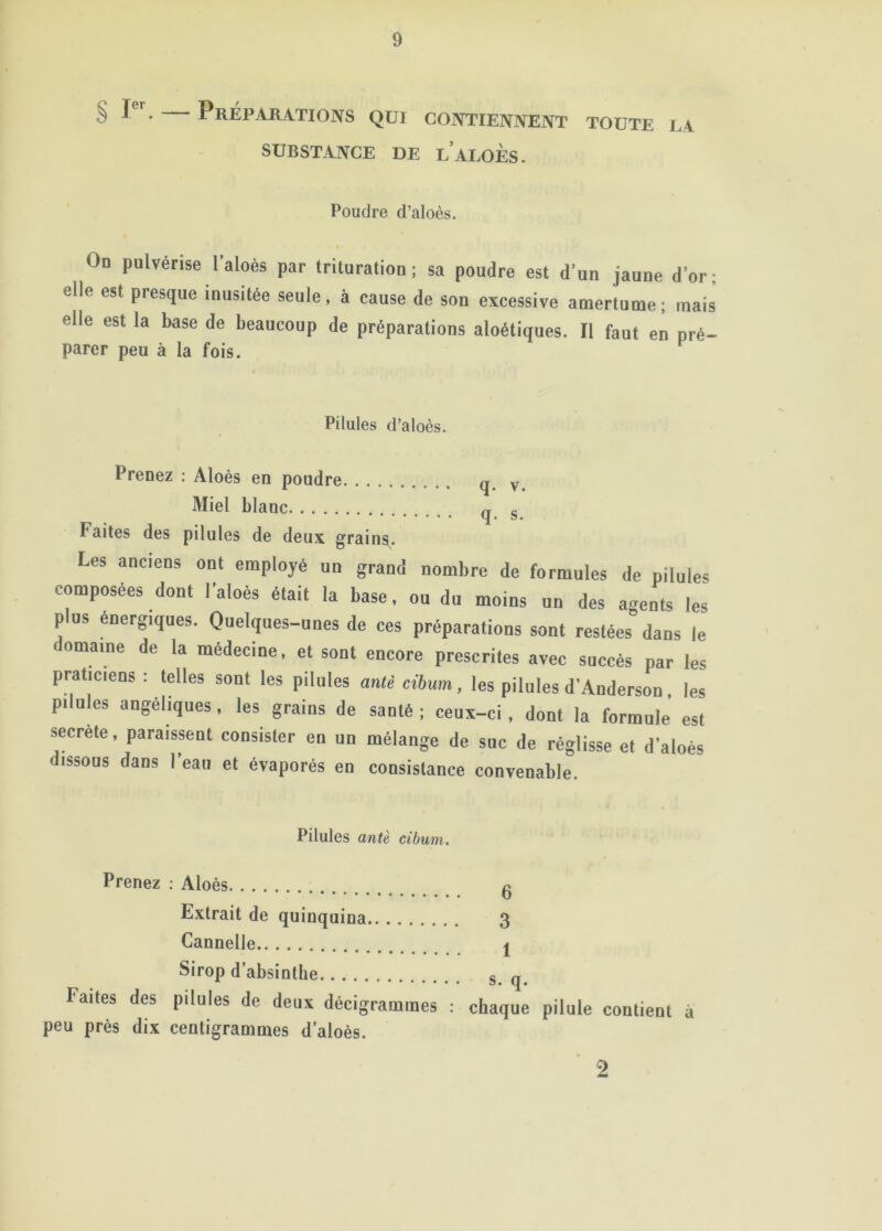 § Préparations qui contiennent toute la SUBSTANCE DE LALOÈS. Poudre d’aloès. On pulvérise 1 aloès par trituration; sa poudre est d’un jaune d’or; elle est presque inusitée seule, à cause de son excessive amertume; mais elle est la base de beaucoup de préparations aloétiques. Il faut en pré- parer peu à la fois. Pilules d’aloès. Prenez ; Aloés en poudre q. y. Miel blanc q g Paites des pilules de deux grains,. Les anciens ont employé un grand nombre de formules de pilules composées dont l'aloès était la base, ou du moins un des agents les plus énergiques. Quelques-unes de ces préparations sont restées dans le omaine de la médecine, et sont encore prescrites avec succès par les praticiens : telles sont les pilules anlé cibum, les pilules d'Anderson les pilules angéliques, les grains de santé; ceux-ci. dont la formule’ est secrète, paraissent consister en un mélange de suc de réglisse et d'aioés dissous dans l’eau et évaporés en consistance convenable. Pilules antè cibum. Prenez ; Aloés 0 Extrait de quinquina 3 Cannelle I Sirop d’absinthe s. q. Faites des pilules de deux décigrararaes ; chaque pilule contient à peu prés dix centigrammes d’aioés. 9